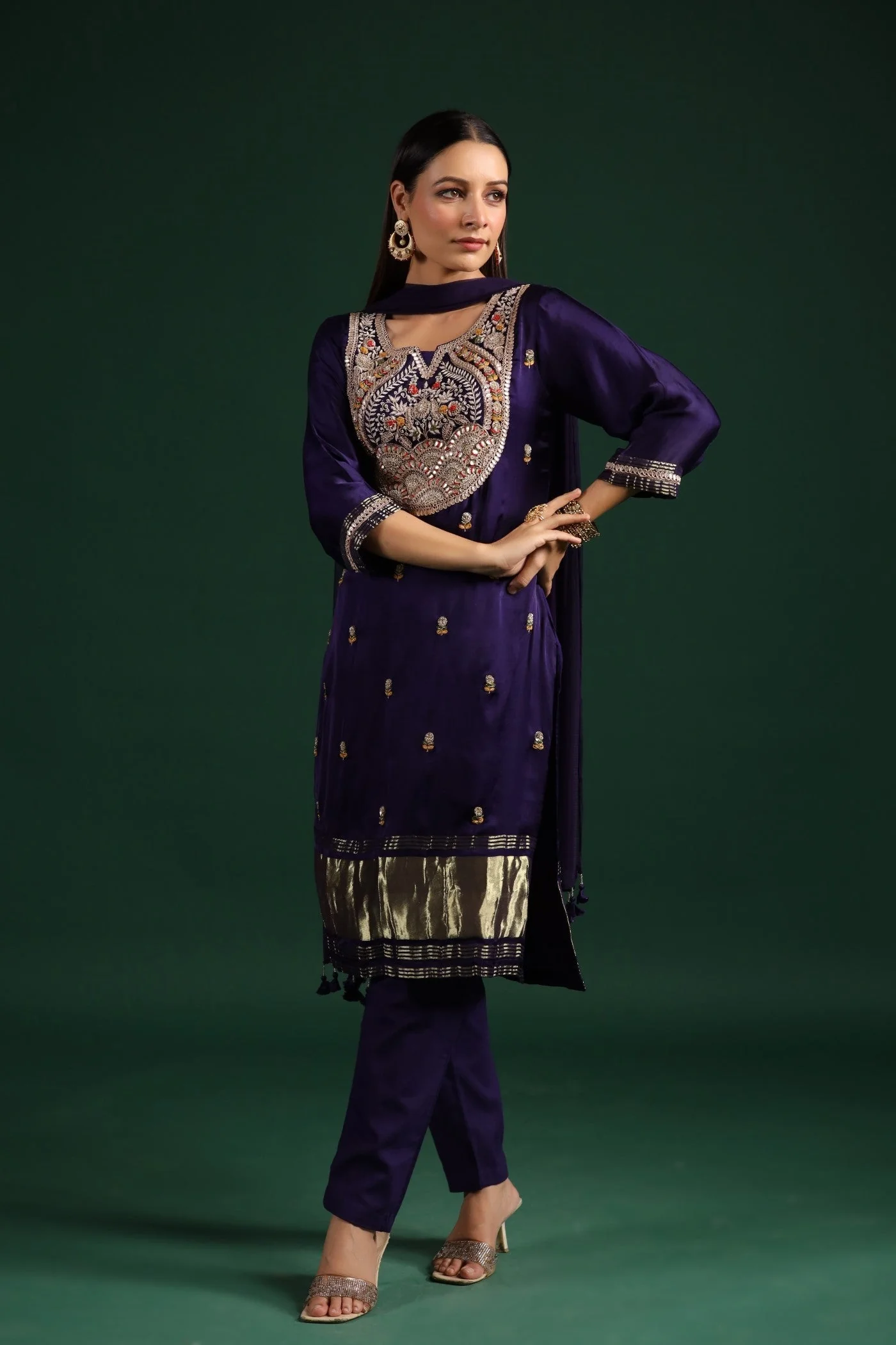 Violet Embellished Gazzi Silk Pant Set - Image 3