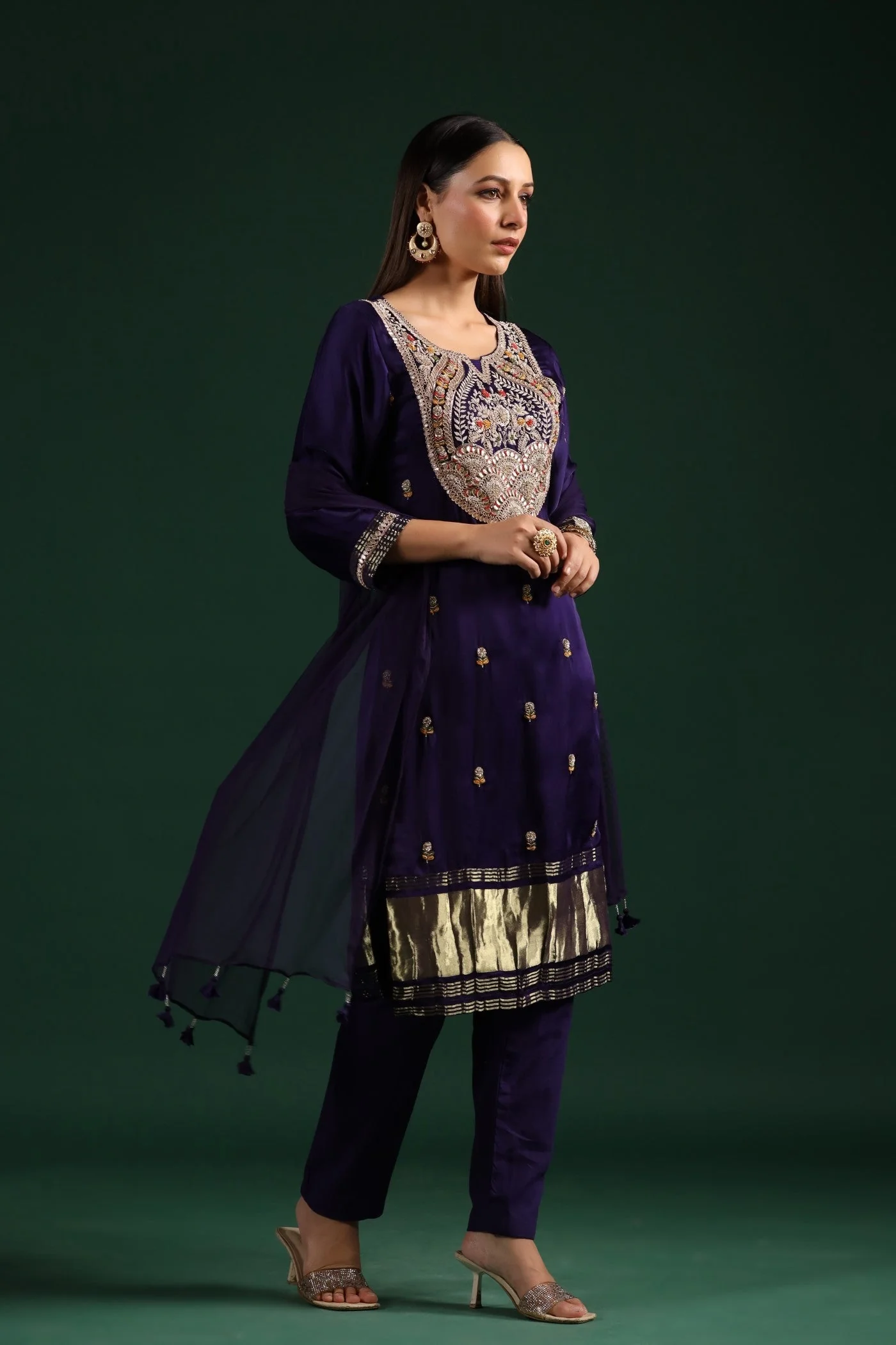 Violet Embellished Gazzi Silk Pant Set - Image 4