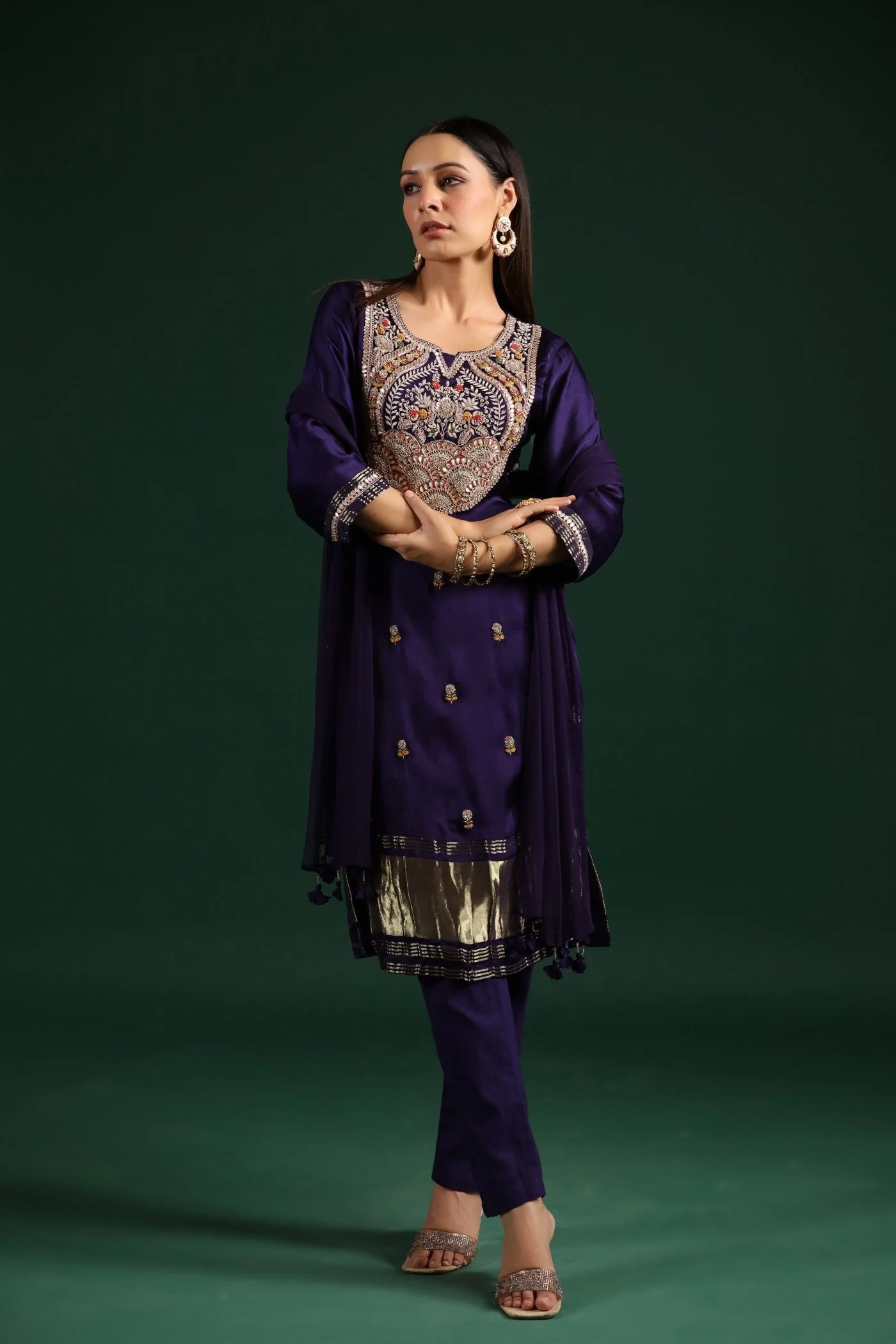 Violet Embellished Gazzi Silk Pant Set - Image 5