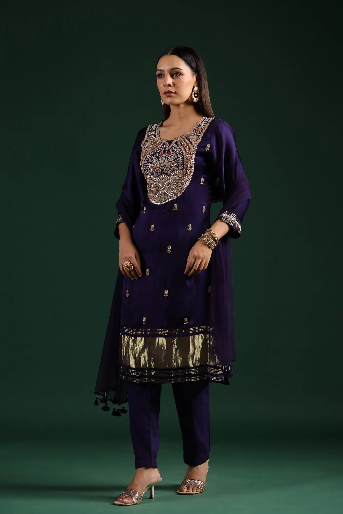 Violet Embellished Gazzi Silk Pant Set - Image 6