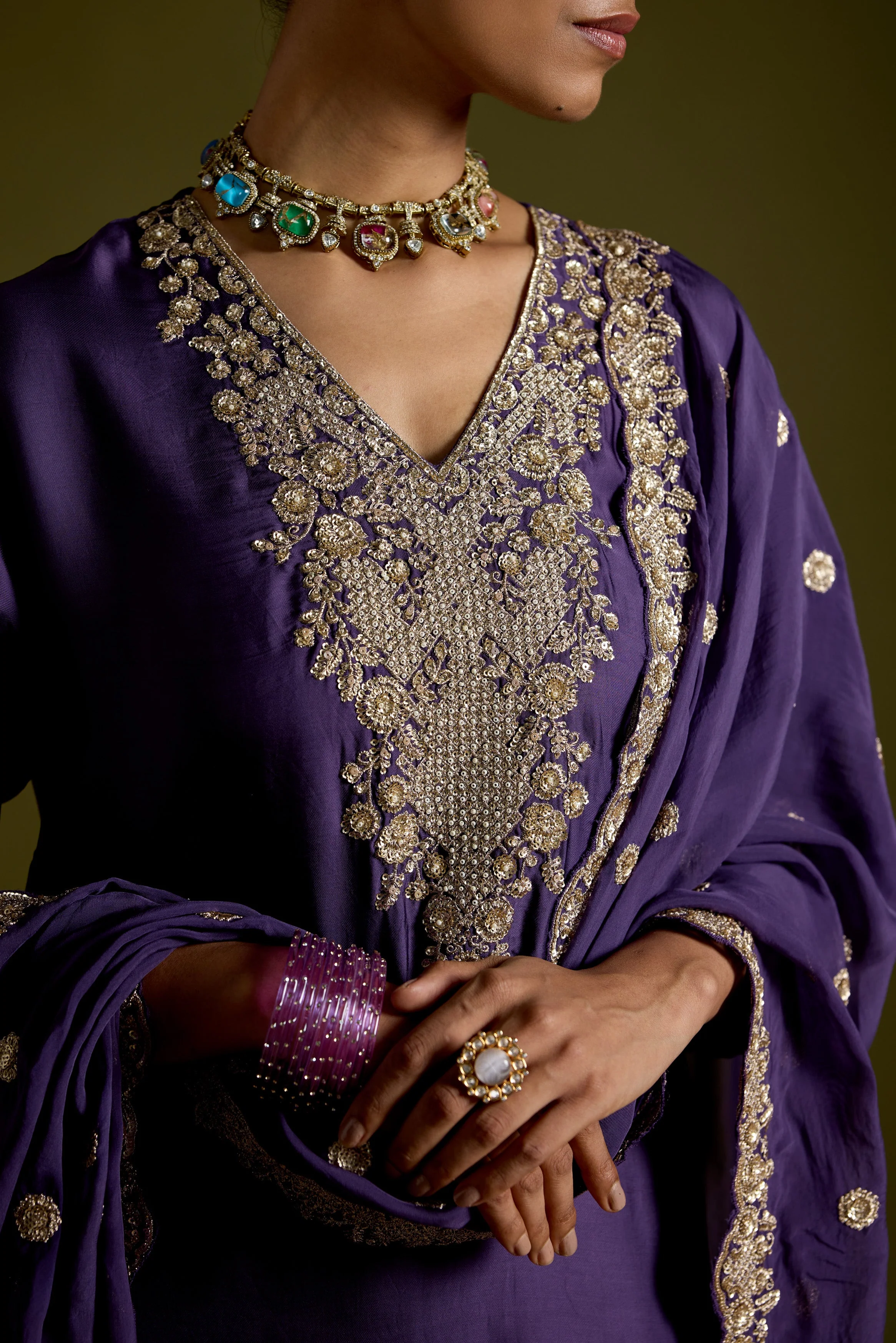 Violet Purple Embellished Satin Silk Palazzo Set - Image 2