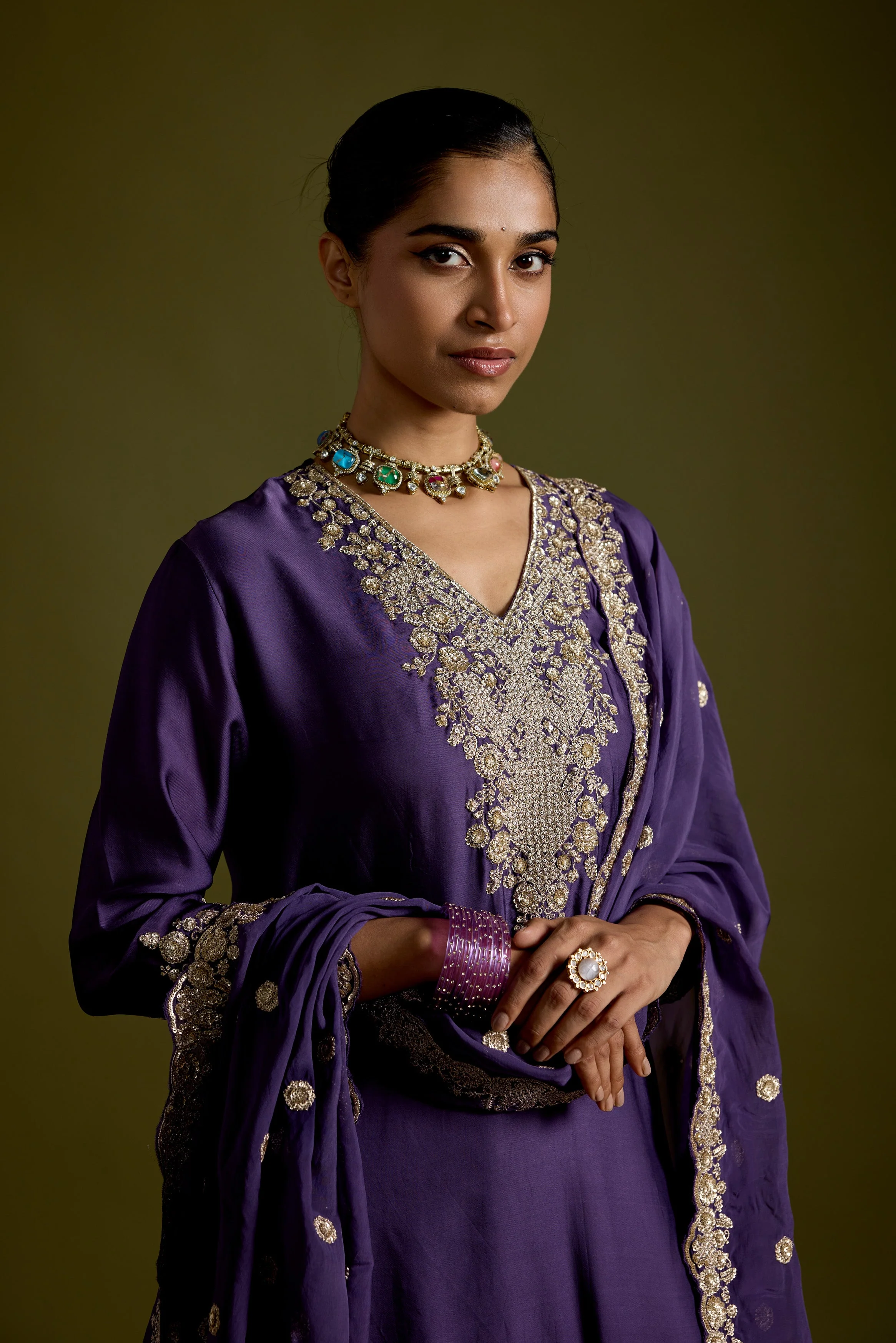 Violet Purple Embellished Satin Silk Palazzo Set - Image 3