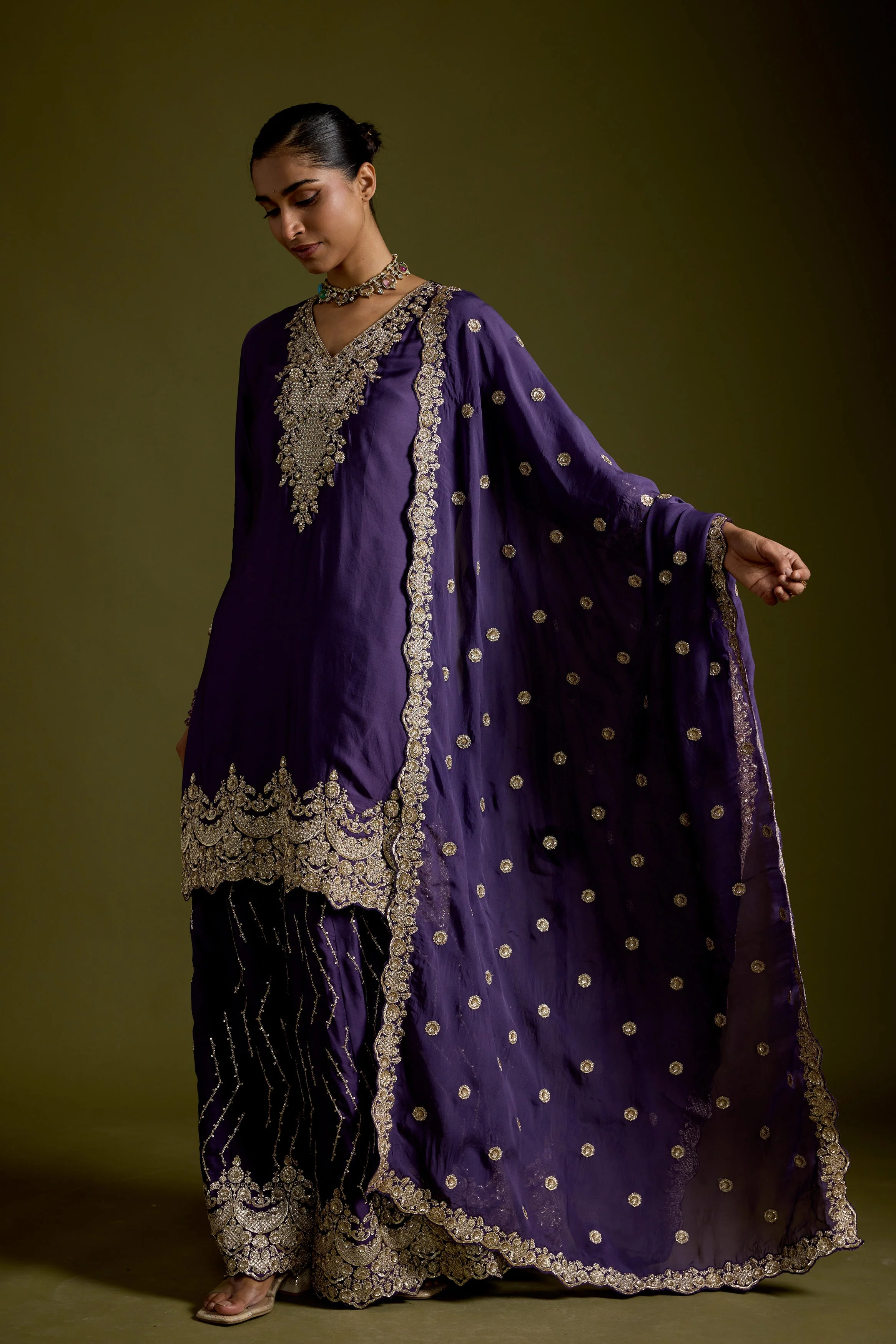 Violet Purple Embellished Satin Silk Palazzo Set - Image 4