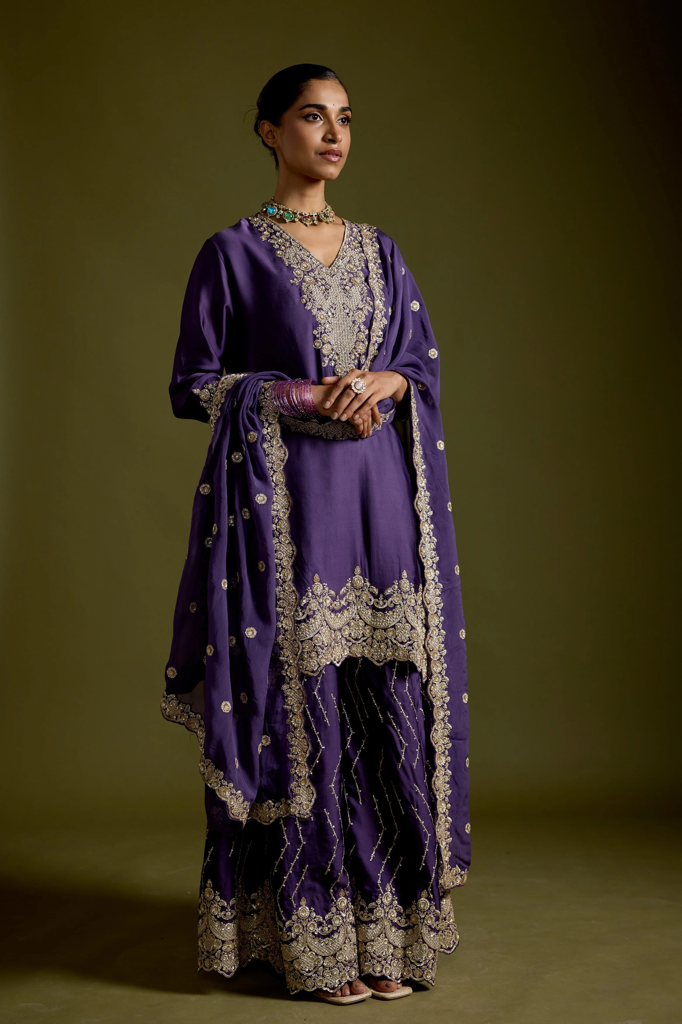 Violet Purple Embellished Satin Silk Palazzo Set - Image 5