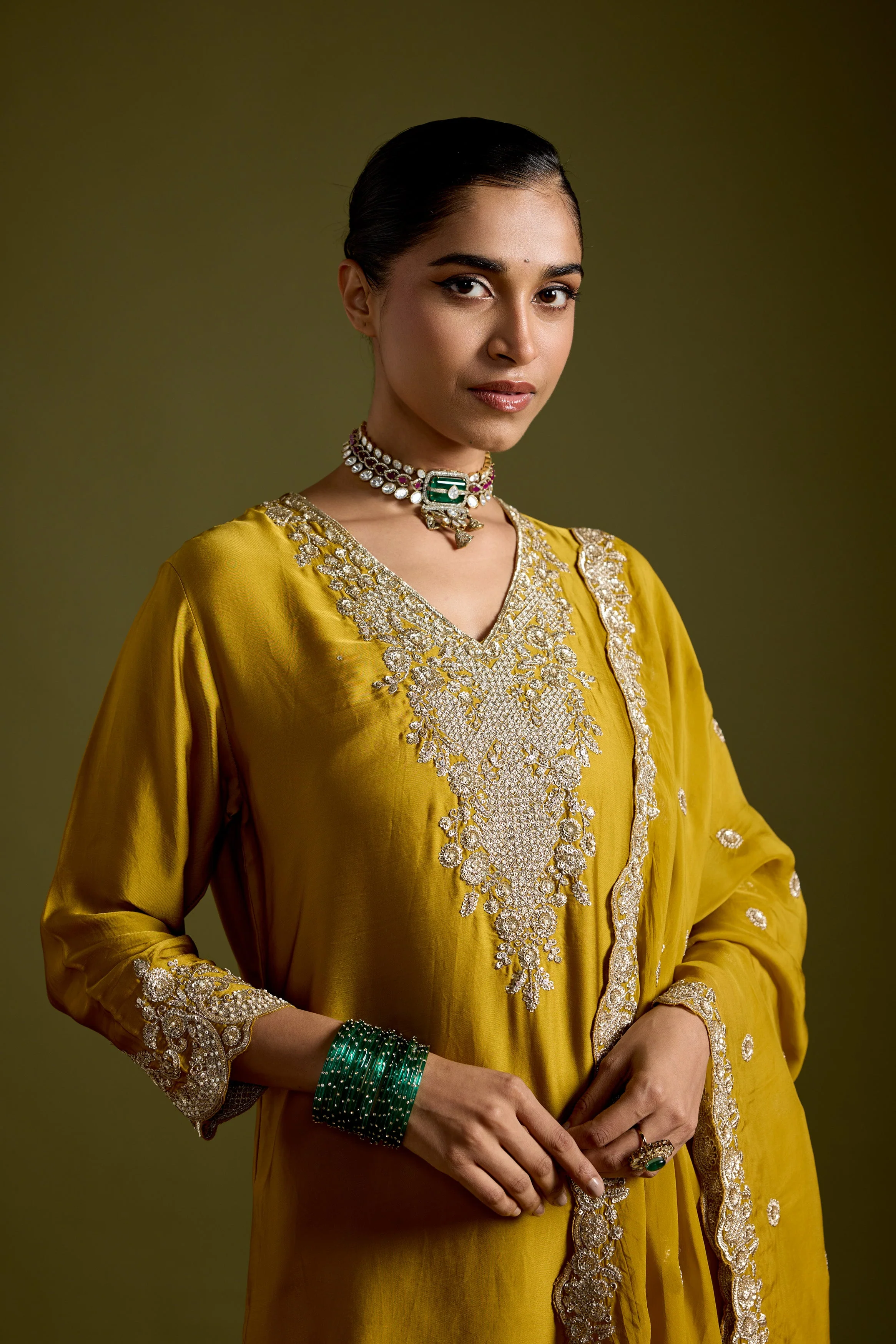 Haldi Yellow Embellished Satin Silk Palazzo Set - Image 3