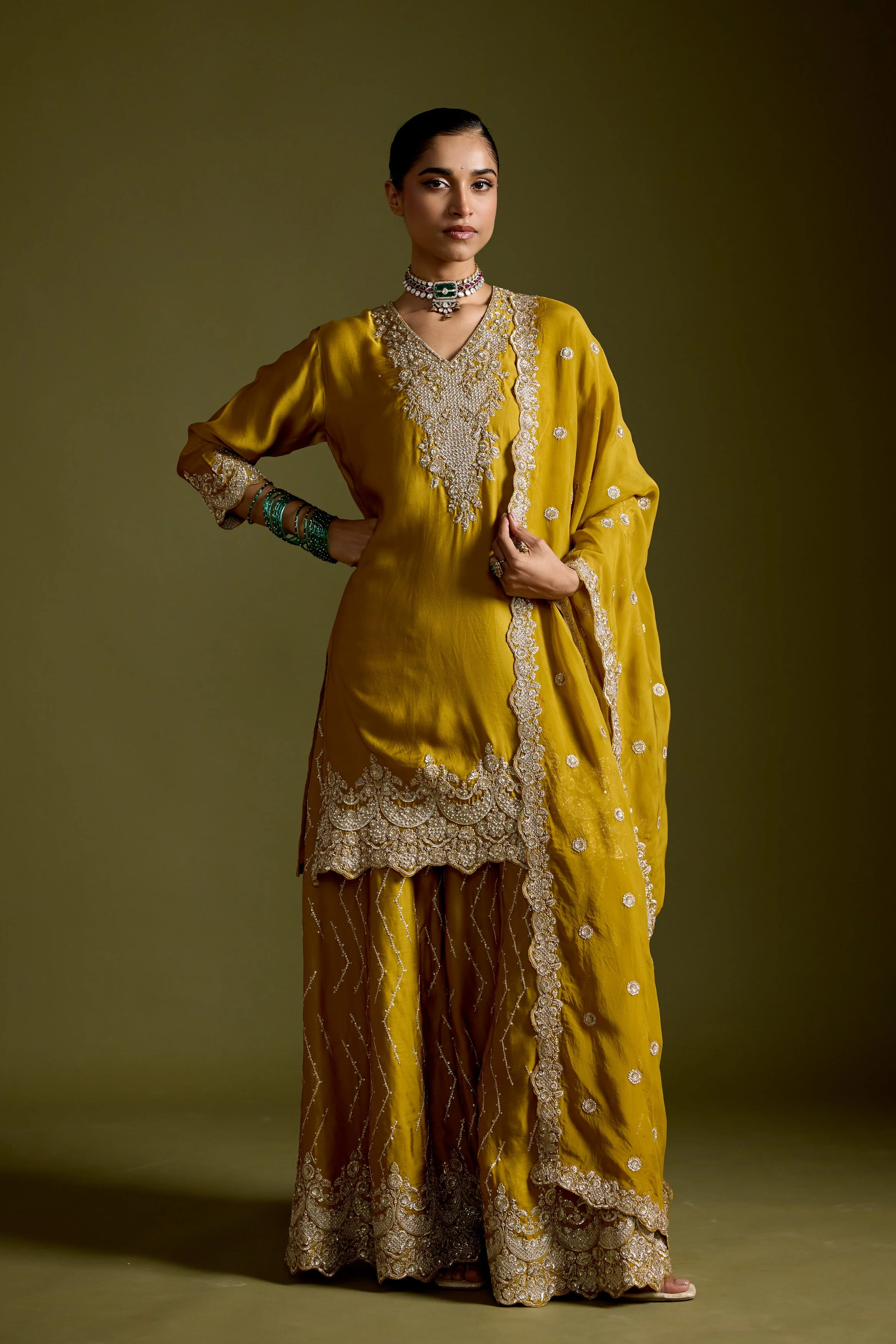 Haldi Yellow Embellished Satin Silk Palazzo Set - Image 5