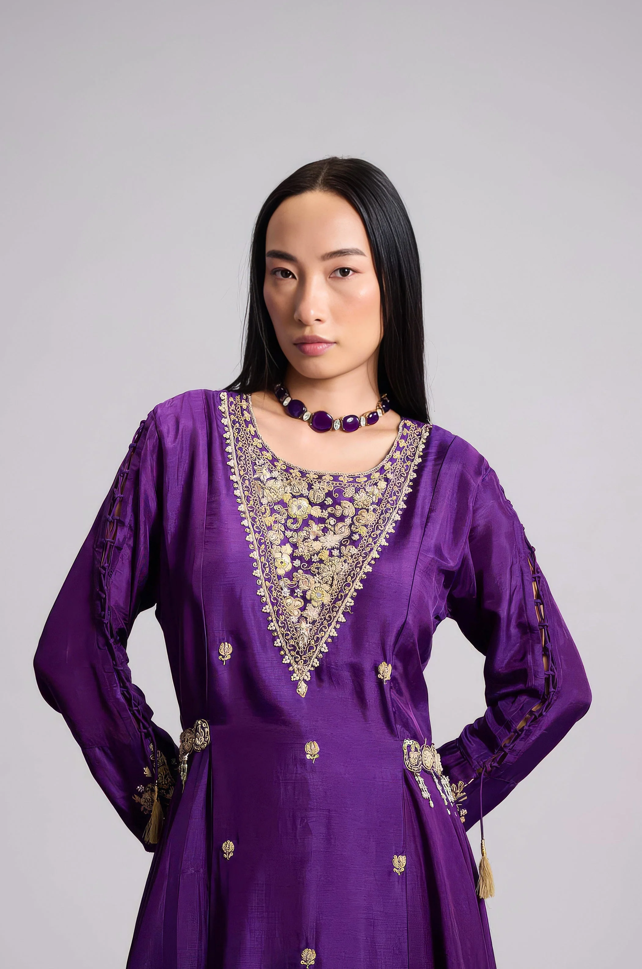 Violet Purple Embellished Satin Silk Skirt Set - Image 3