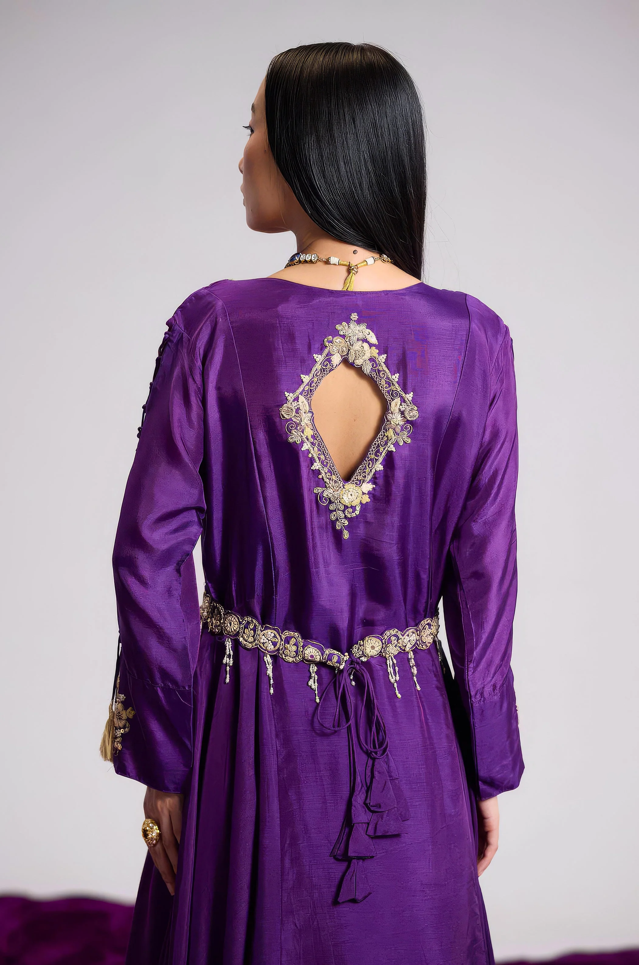 Violet Purple Embellished Satin Silk Skirt Set - Image 4