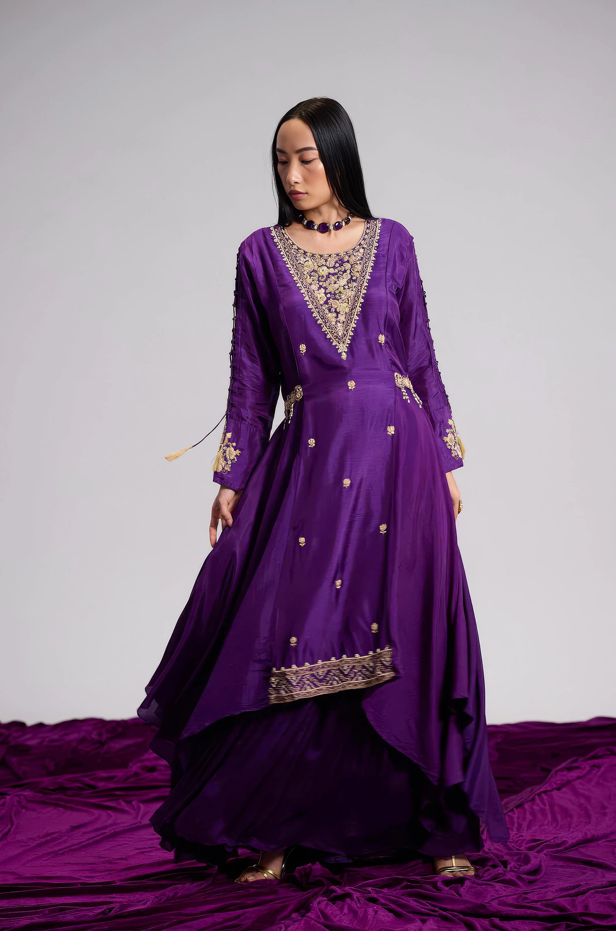 Violet Purple Embellished Satin Silk Skirt Set - Image 5