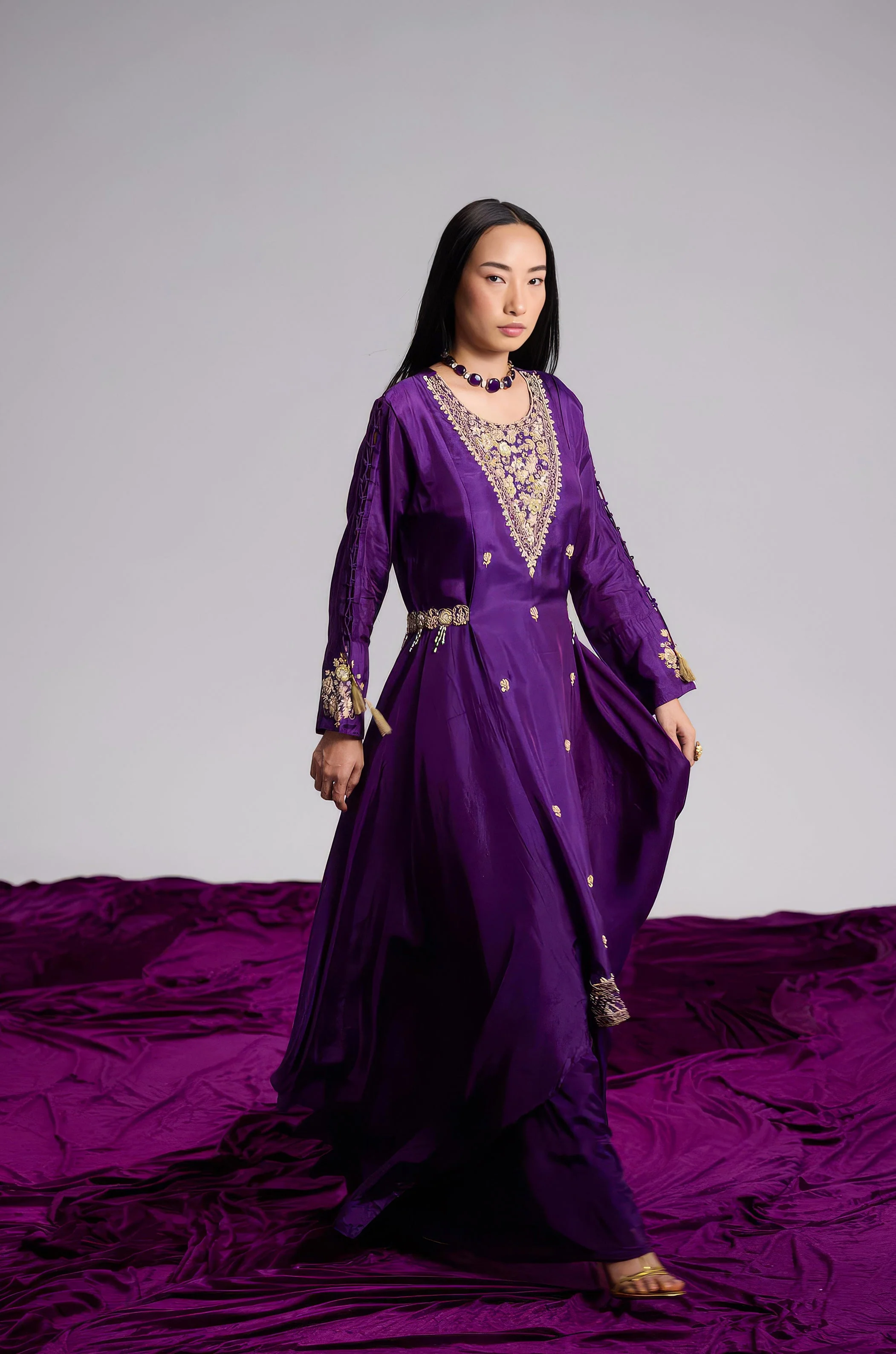Violet Purple Embellished Satin Silk Skirt Set - Image 6
