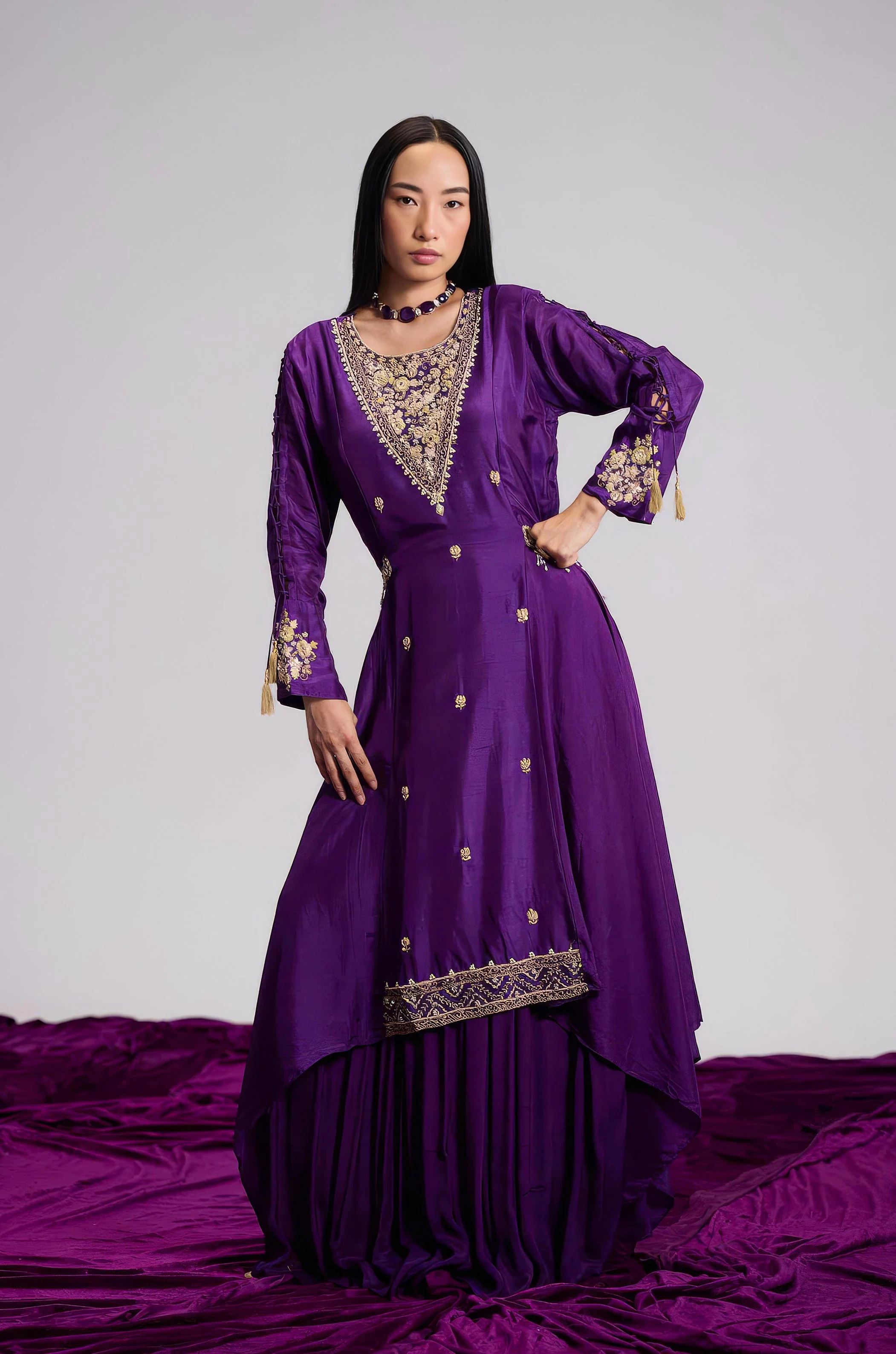 Violet Purple Embellished Satin Silk Skirt Set - Image 7