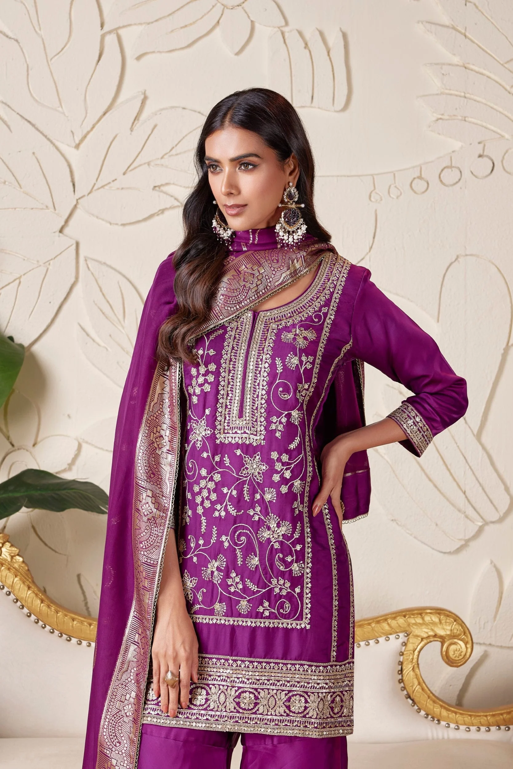 Vivid Purple Embellished Premium Silk Sharara Set - Image 2