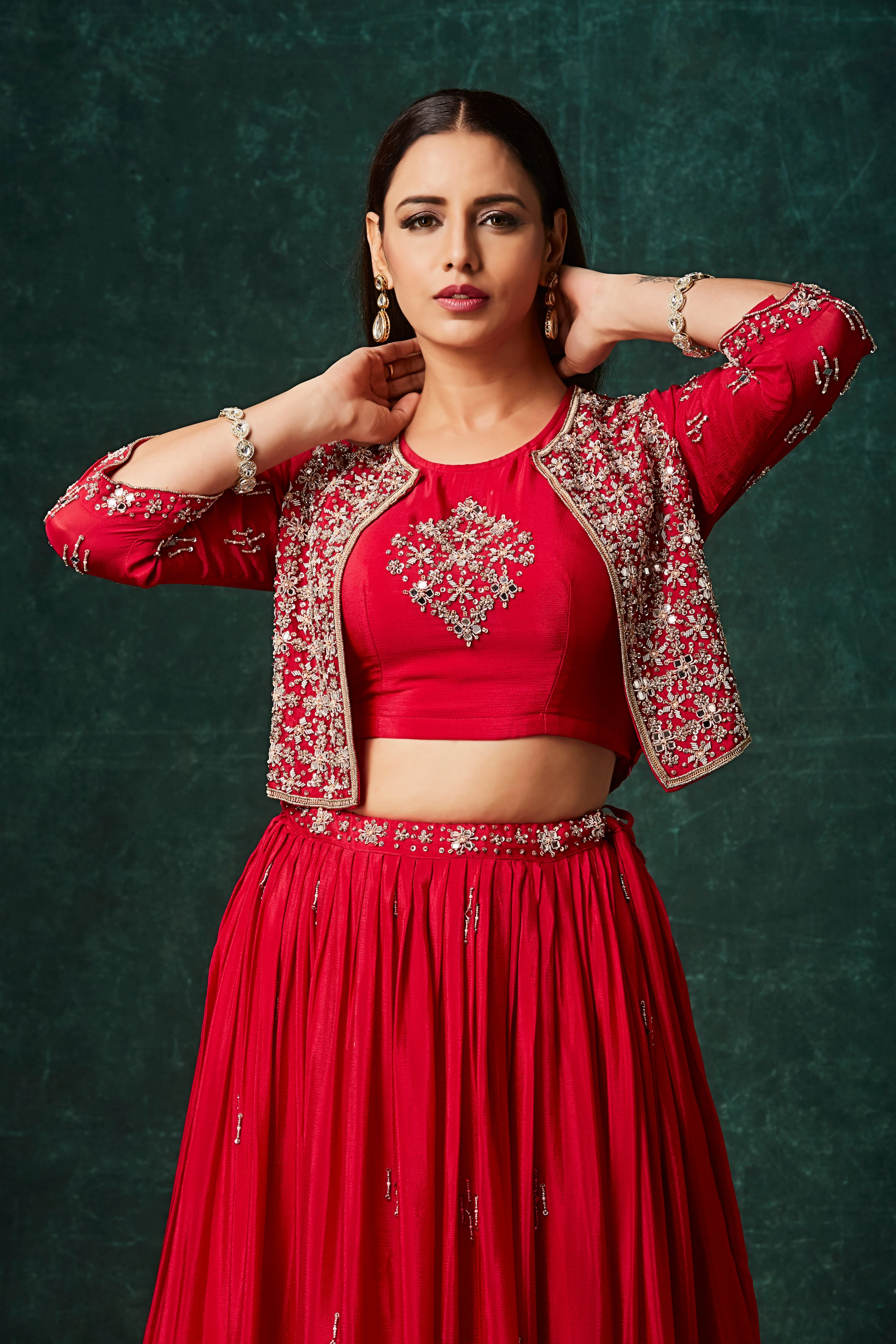 Vivid Red Embellished Chinon Silk Skirt Set - Image 2