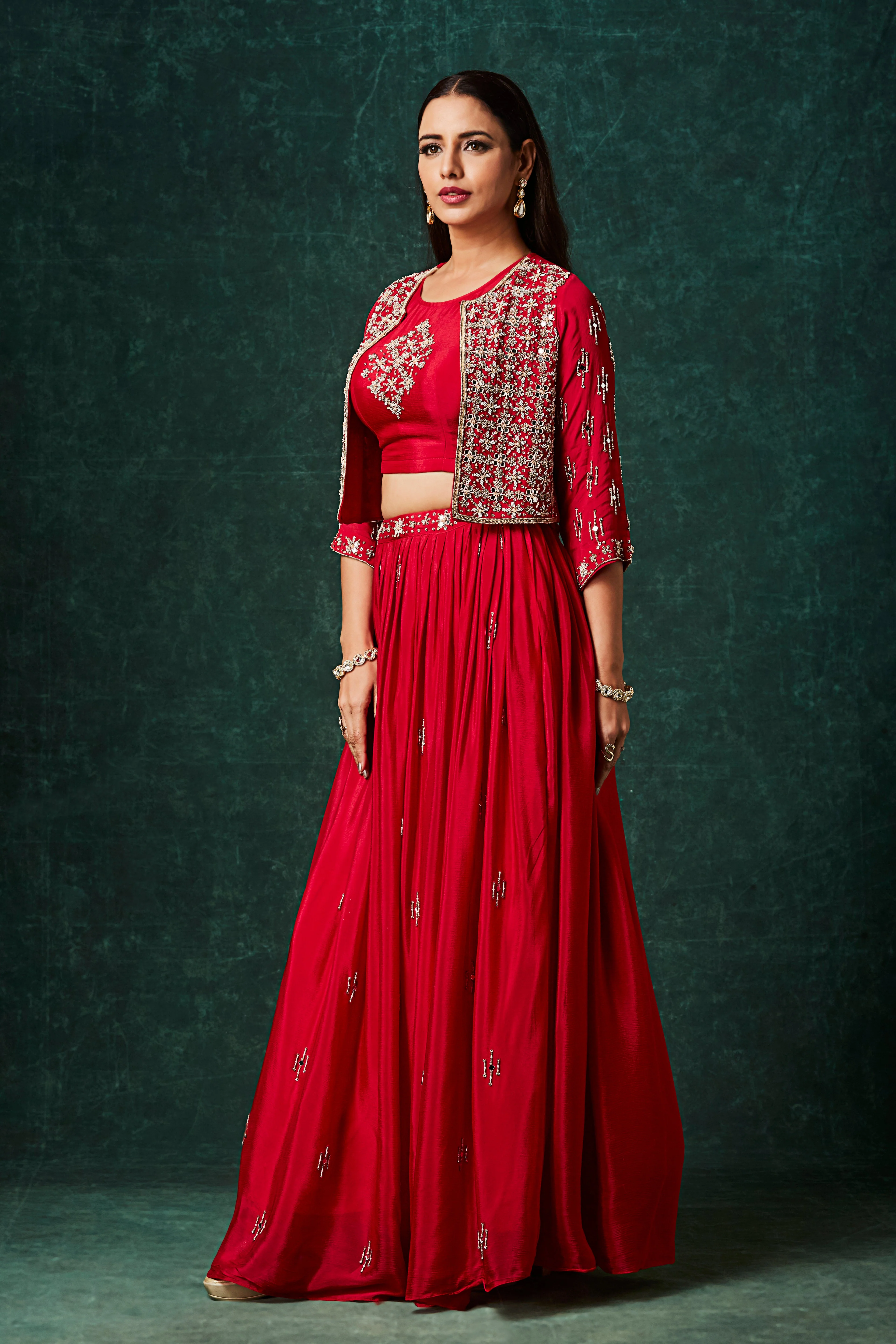 Vivid Red Embellished Chinon Silk Skirt Set - Image 3