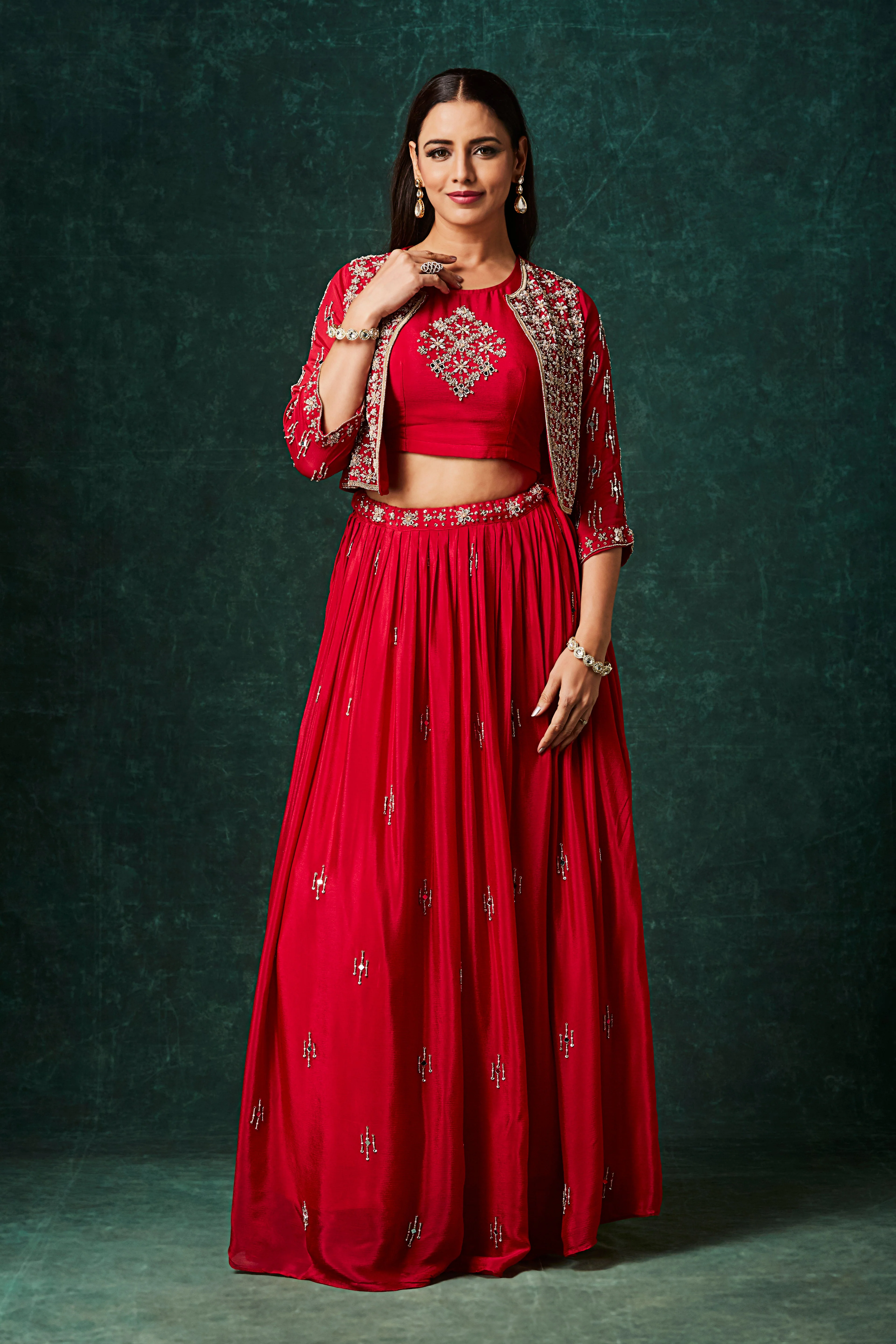 Vivid Red Embellished Chinon Silk Skirt Set - Image 4
