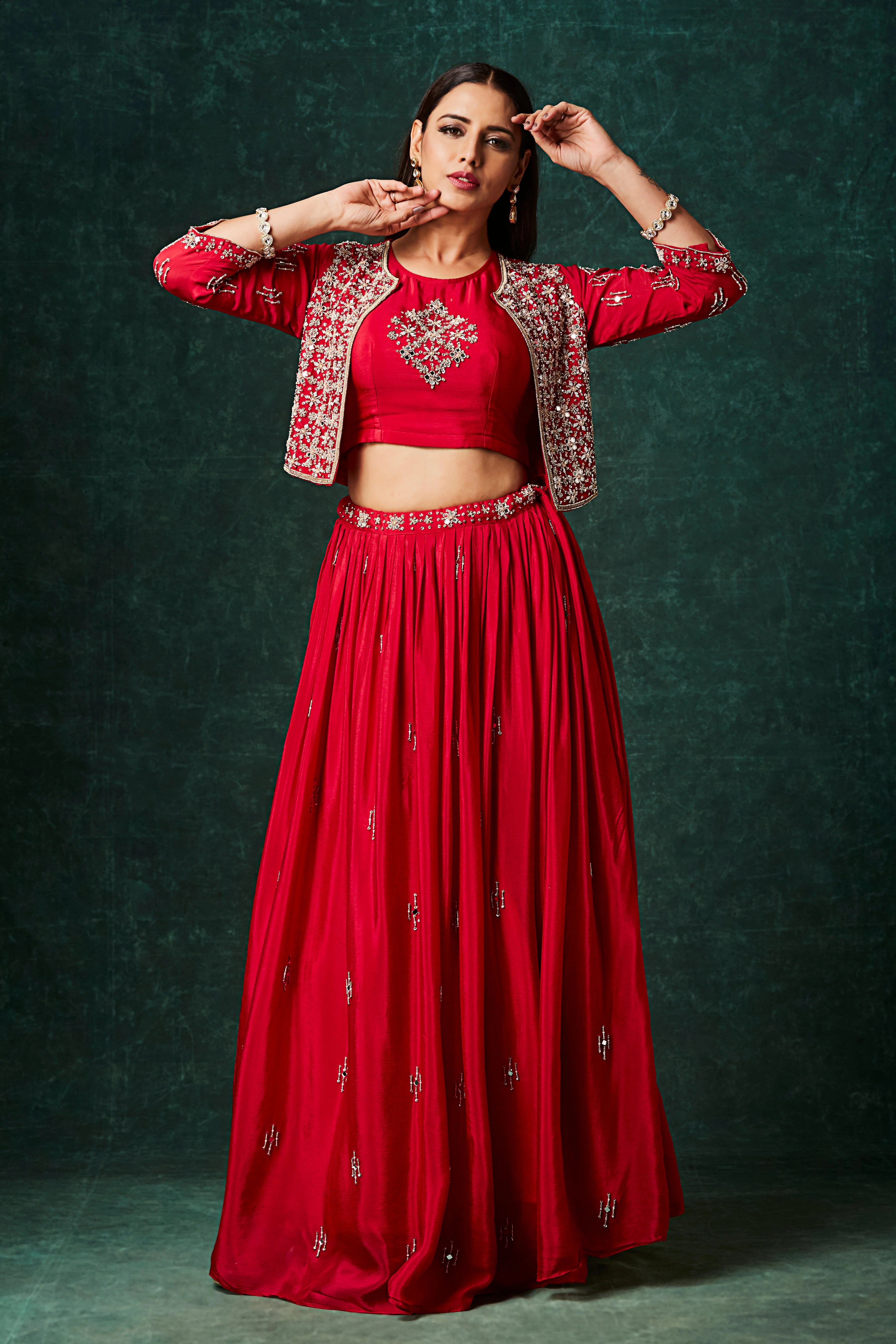 Vivid Red Embellished Chinon Silk Skirt Set - Image 5