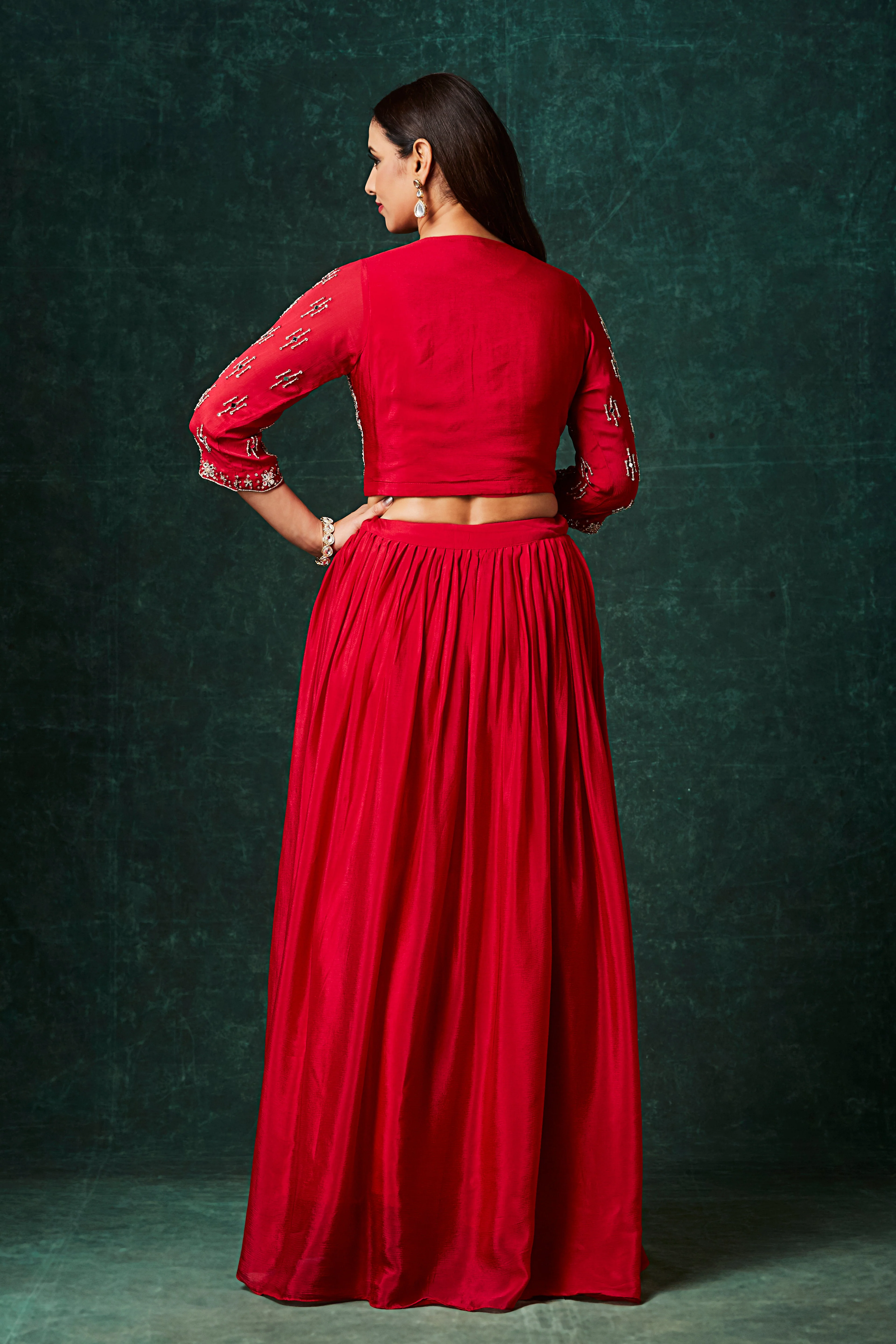 Vivid Red Embellished Chinon Silk Skirt Set - Image 6