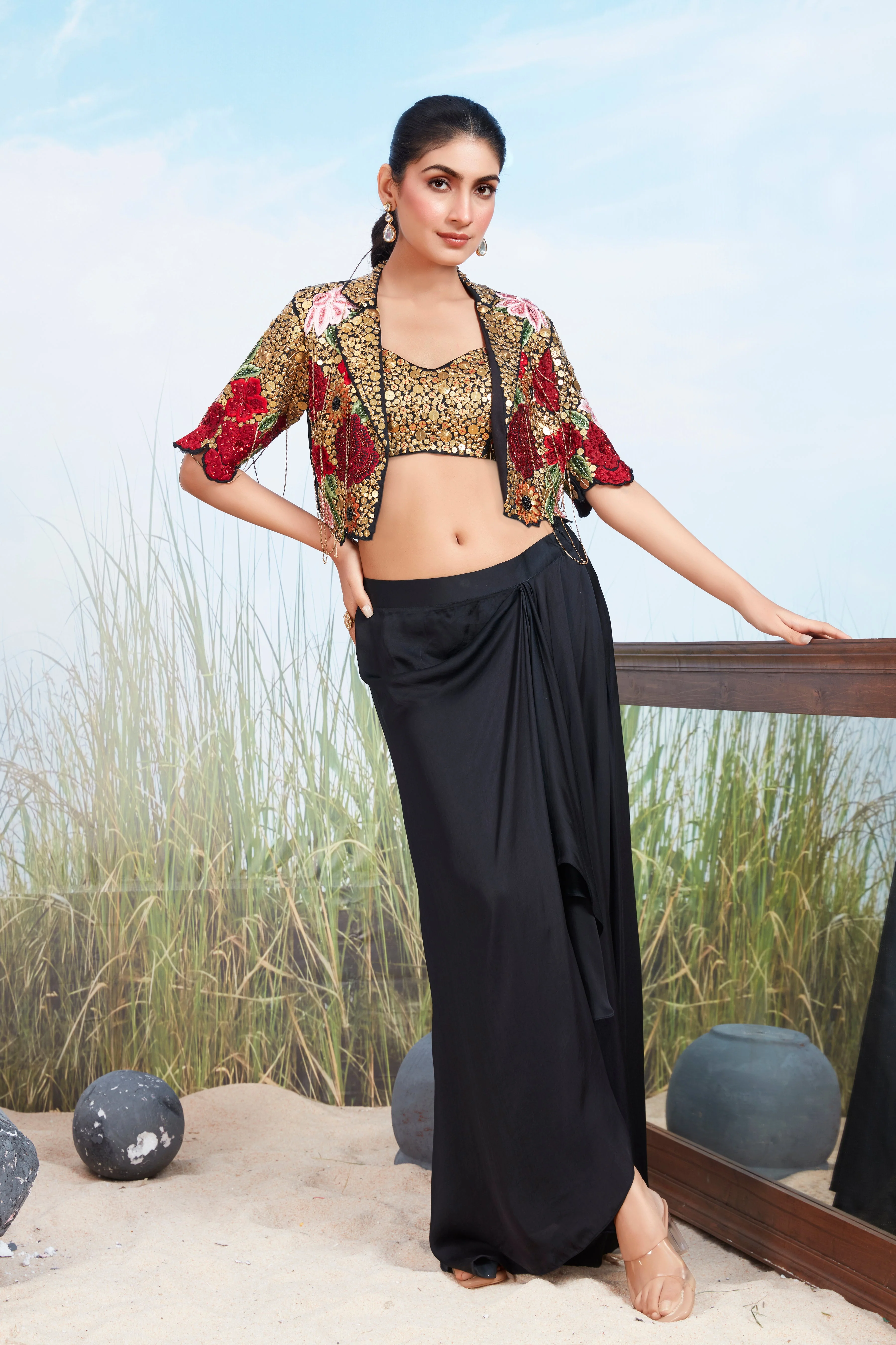 Black Embellished Satin Silk Skirt Set - Image 2