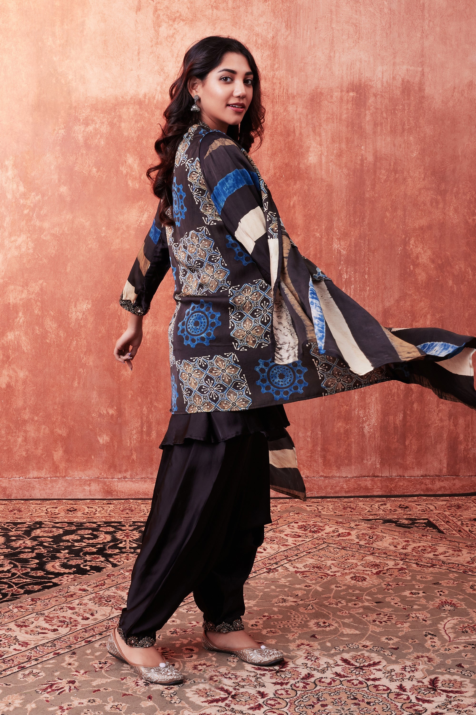 Warm Black Ajrakh Printed Habutai Silk Cape Suit Set - Image 2