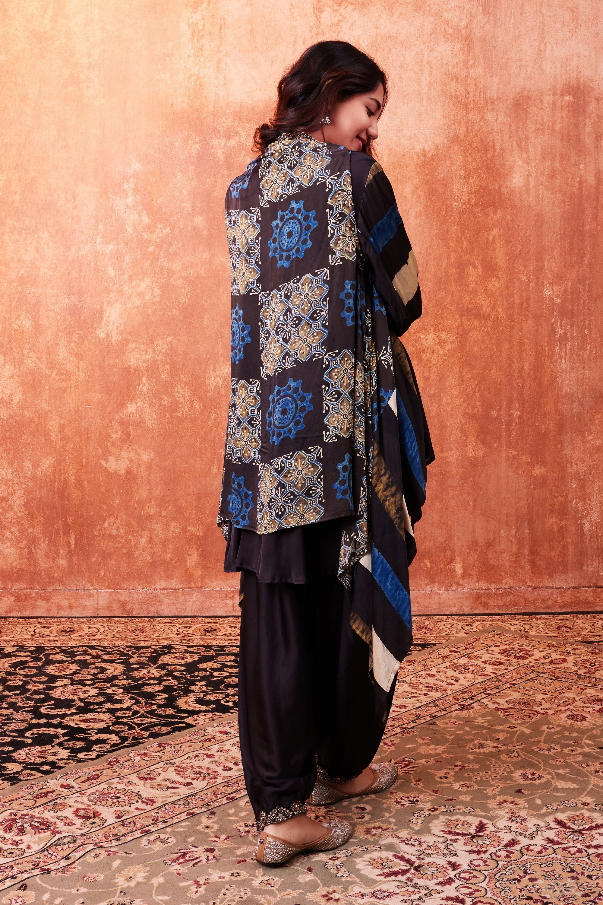Warm Black Ajrakh Printed Habutai Silk Cape Suit Set - Image 3