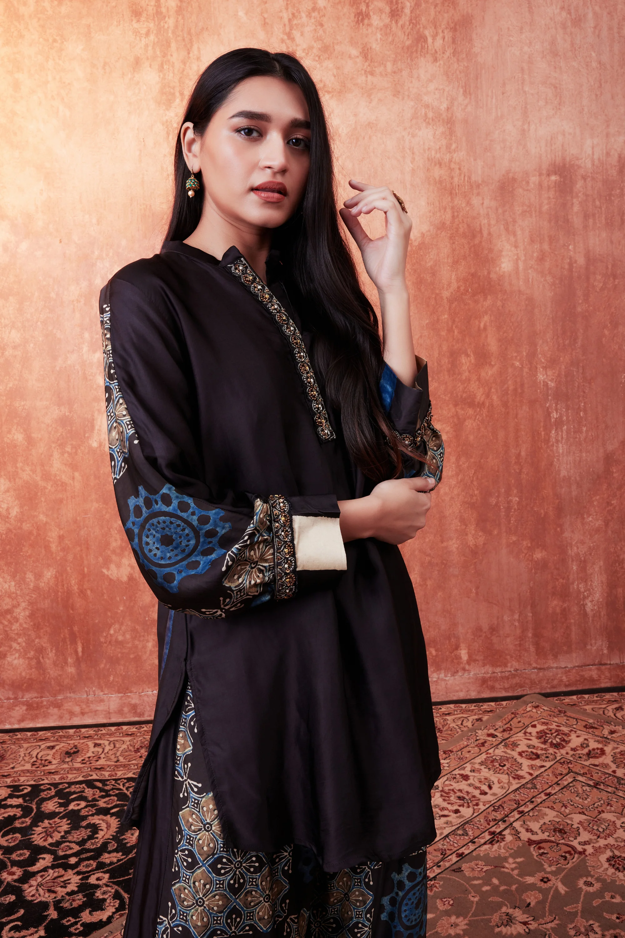 Warm Black Ajrakh Printed Habutai Silk Co-Ord Set - Image 2