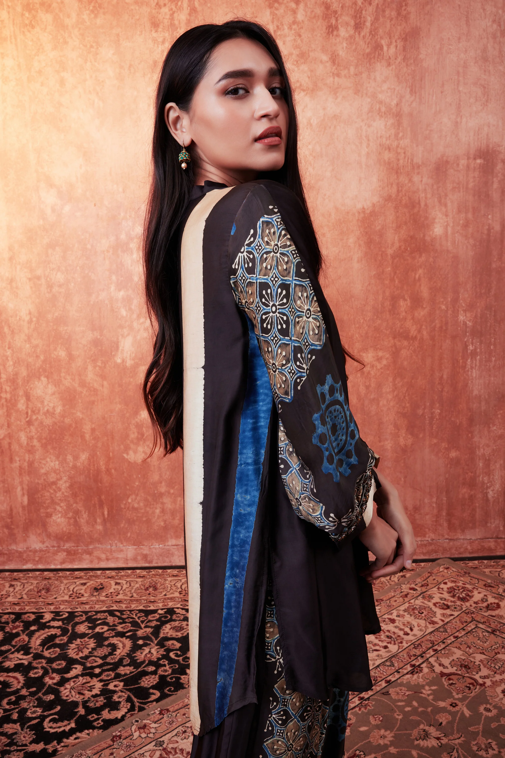 Warm Black Ajrakh Printed Habutai Silk Co-Ord Set - Image 3