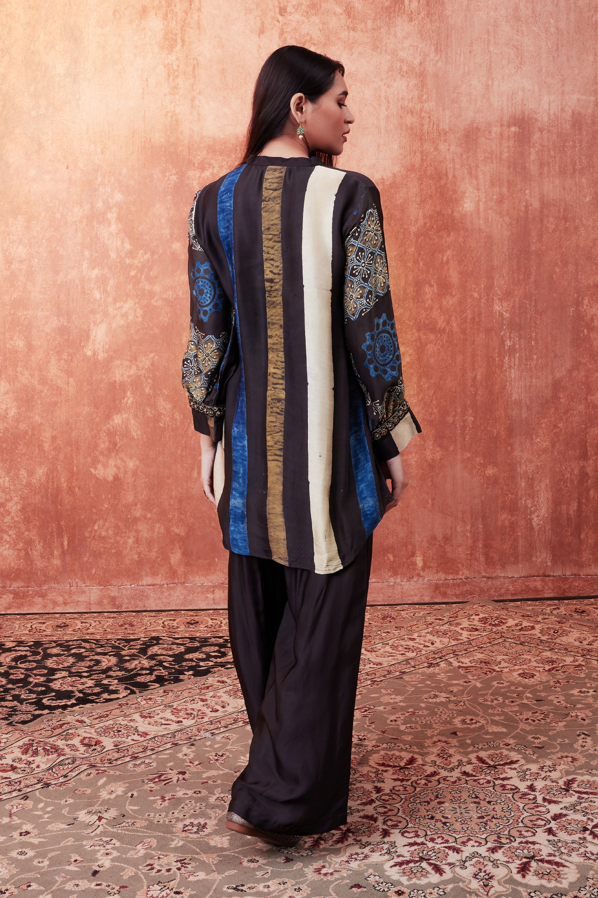 Warm Black Ajrakh Printed Habutai Silk Co-Ord Set - Image 4