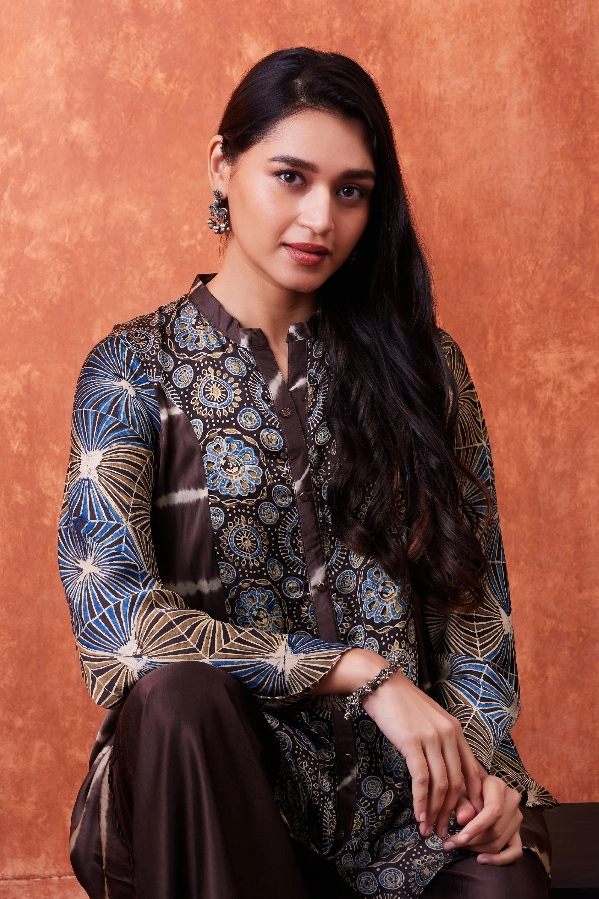 Warm Brown Ajrakh Printed Habutai Silk Kurta Palazzo Set - Image 2