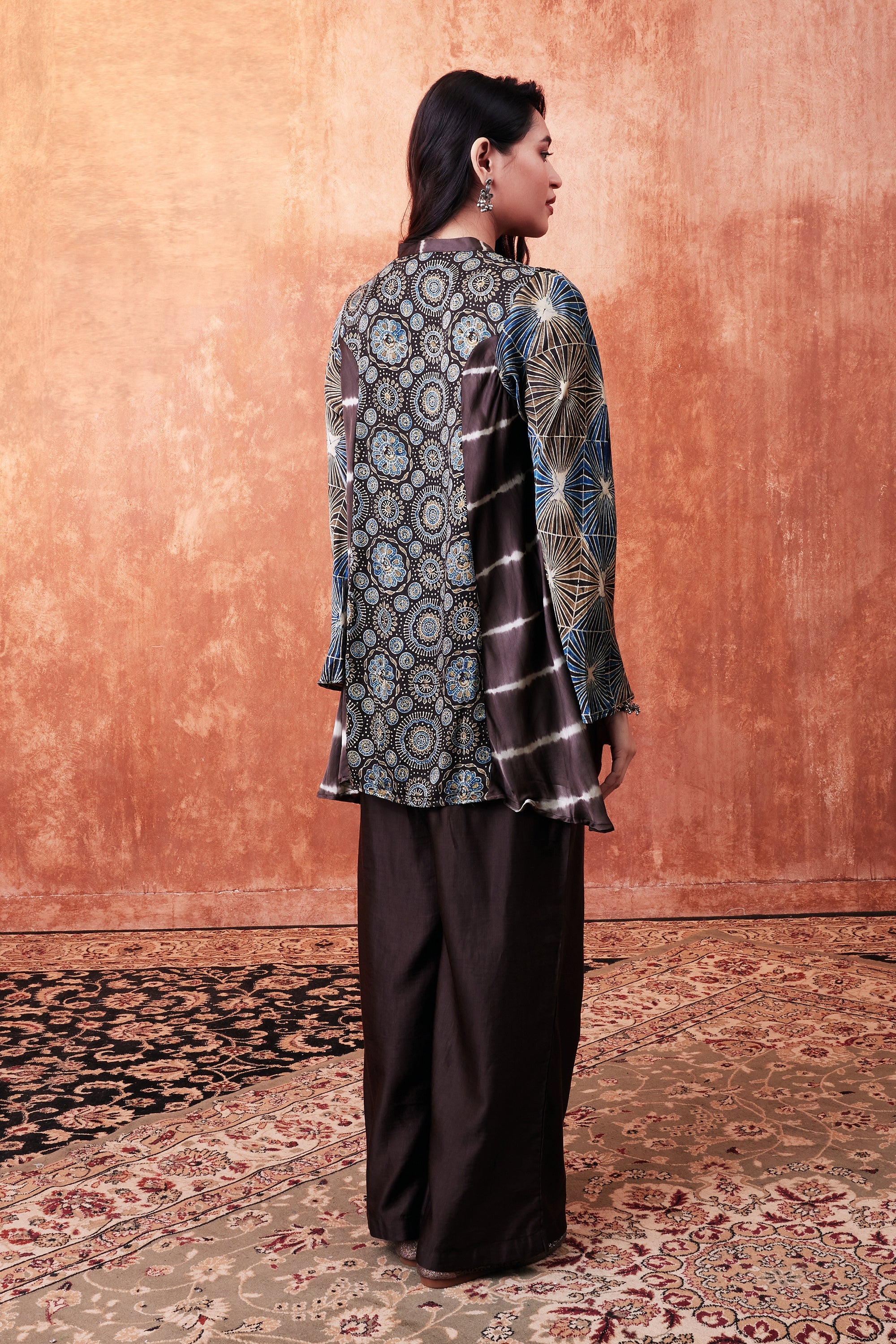 Warm Brown Ajrakh Printed Habutai Silk Kurta Palazzo Set - Image 3