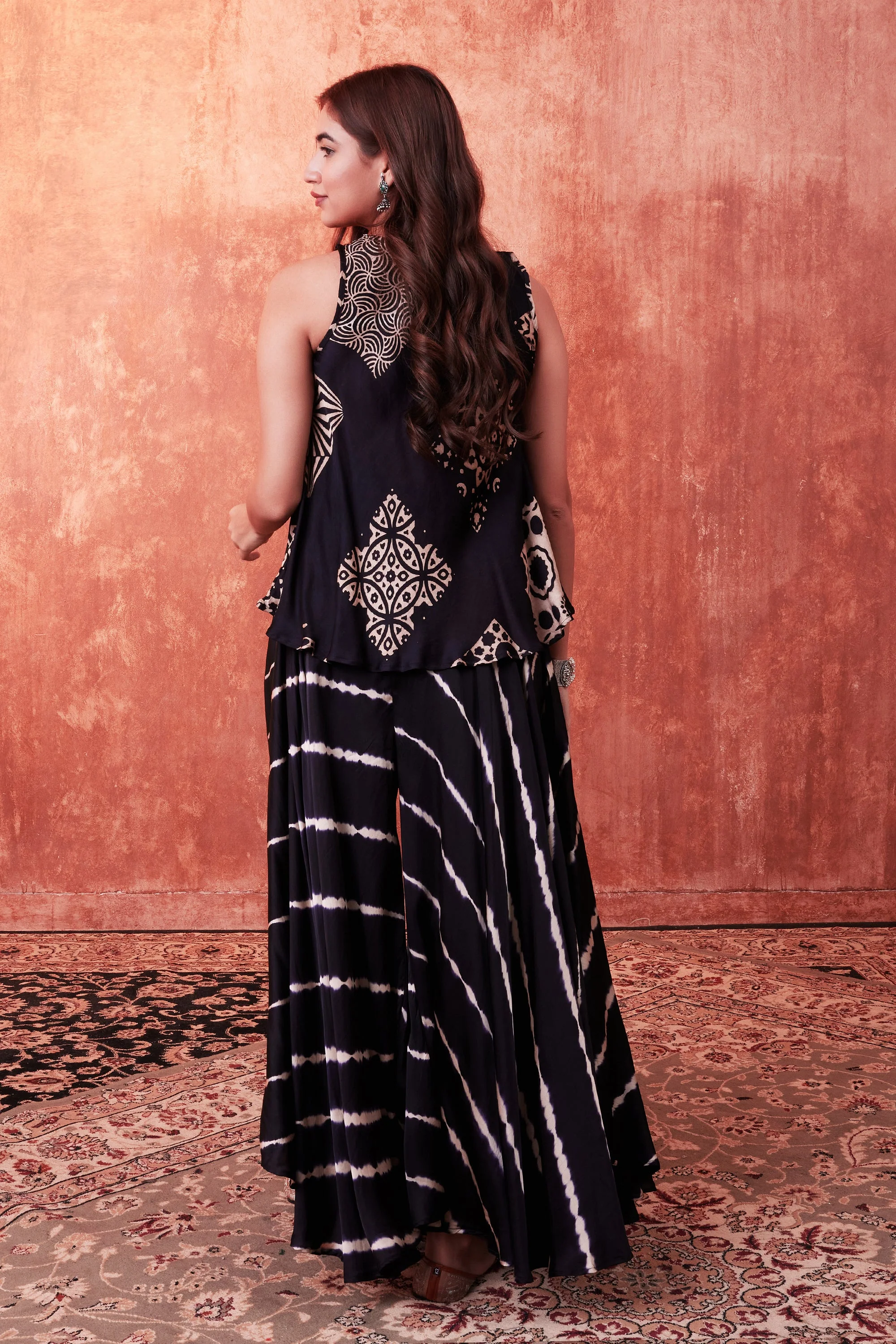 Warm Black Ajrakh Printed Habutai Silk Tunic & Palazzo Set - Image 2