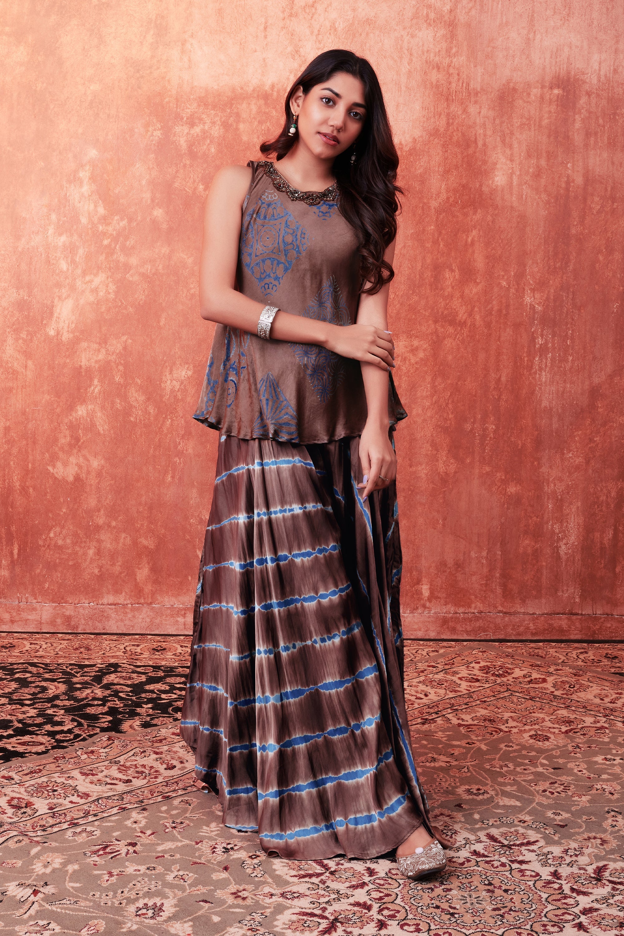 Warm Brown Ajrakh Printed Habutai Silk Tunic & Palazzo Set