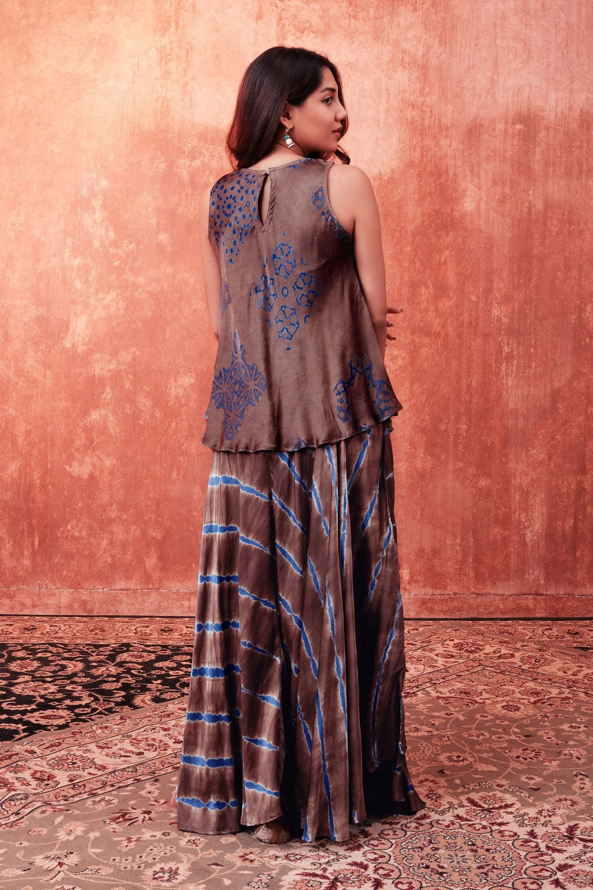 Warm Brown Ajrakh Printed Habutai Silk Tunic & Palazzo Set - Image 2