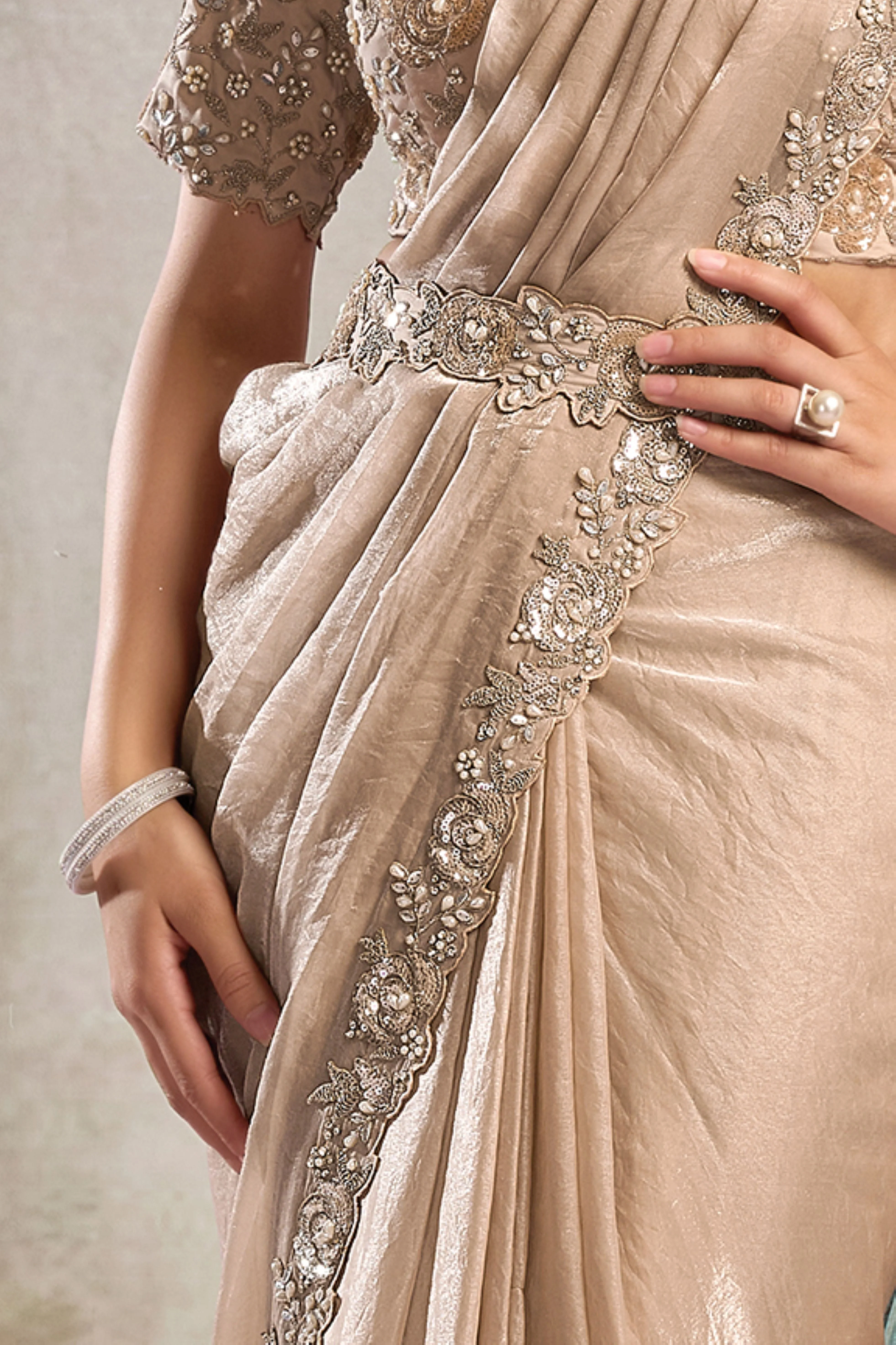 Warm Ecru Embellished Satin Silk Draped Saree - Image 3