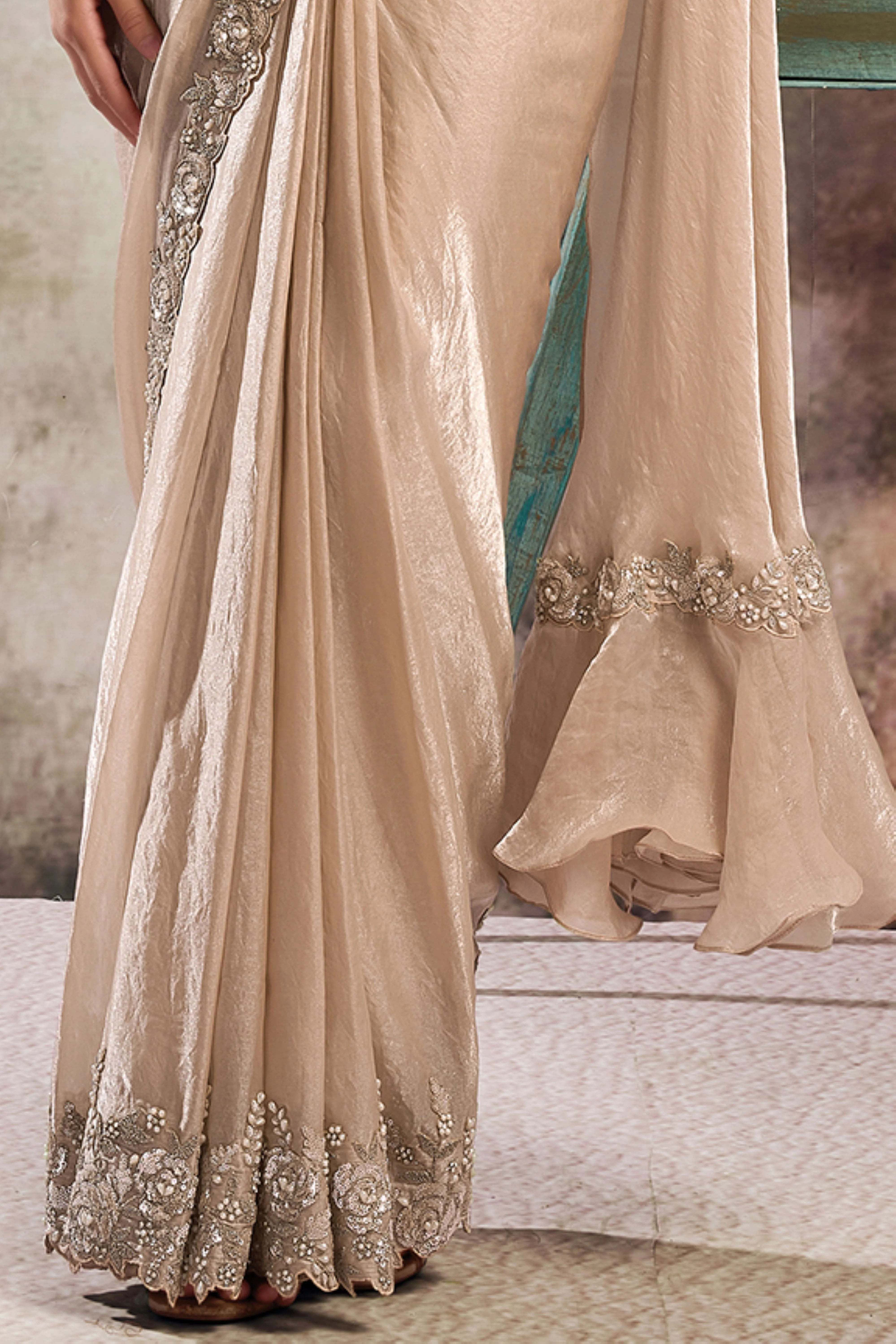 Warm Ecru Embellished Satin Silk Draped Saree - Image 5