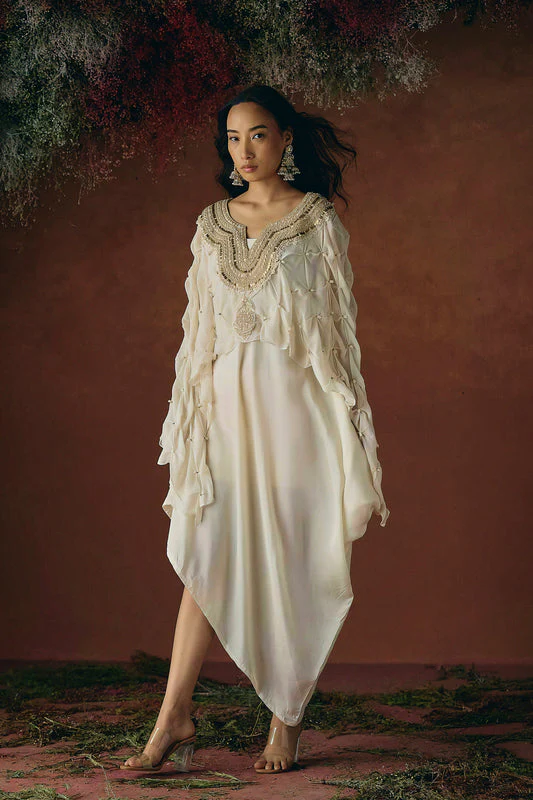 Warm Ivory Embellished Georgette Silk Dress - Image 3