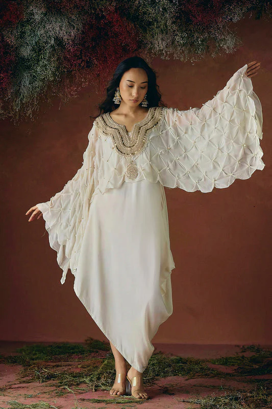 Warm Ivory Embellished Georgette Silk Dress - Image 4
