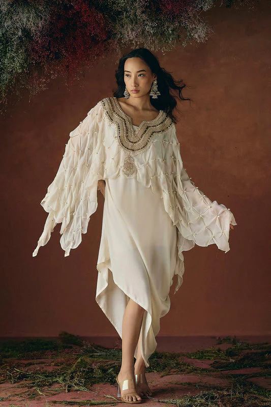 Warm Ivory Embellished Georgette Silk Dress - Image 5