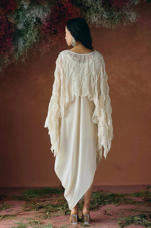 Warm Ivory Embellished Georgette Silk Dress - Image 6