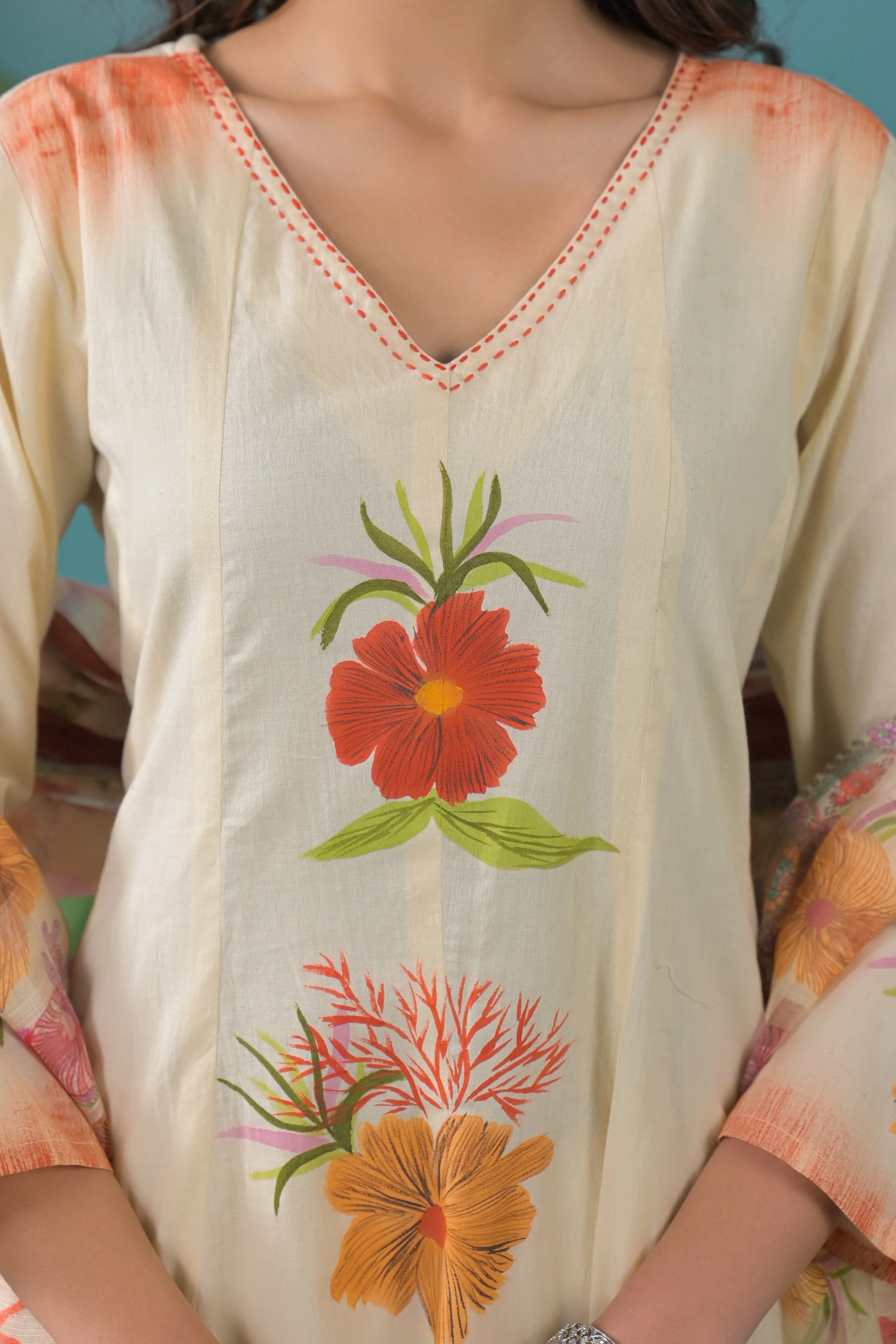 Warm Beige Printed Cotton Anarkali Kurta Set - Image 2