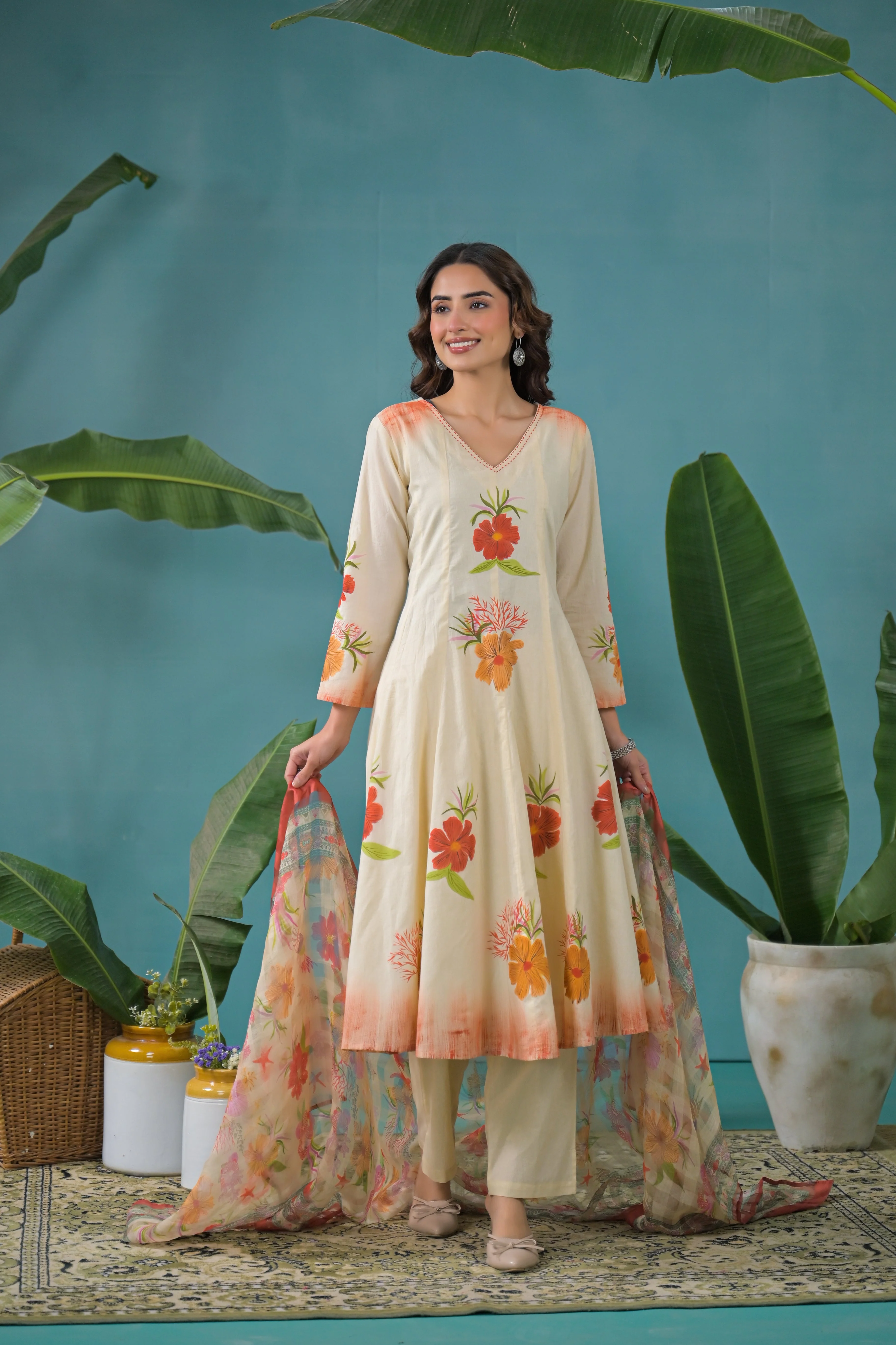 Warm Beige Printed Cotton Anarkali Kurta Set - Image 3