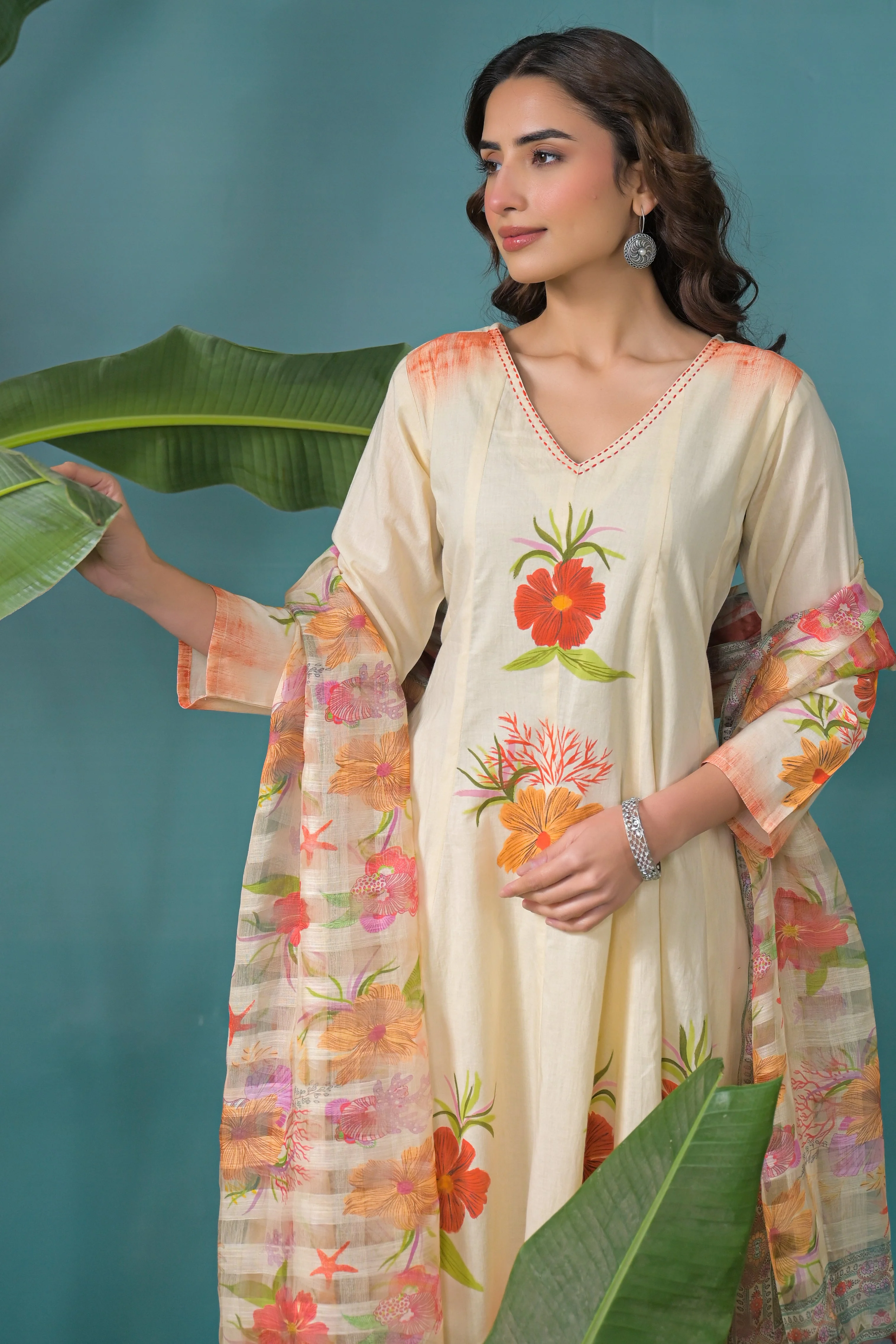 Warm Beige Printed Cotton Anarkali Kurta Set - Image 4