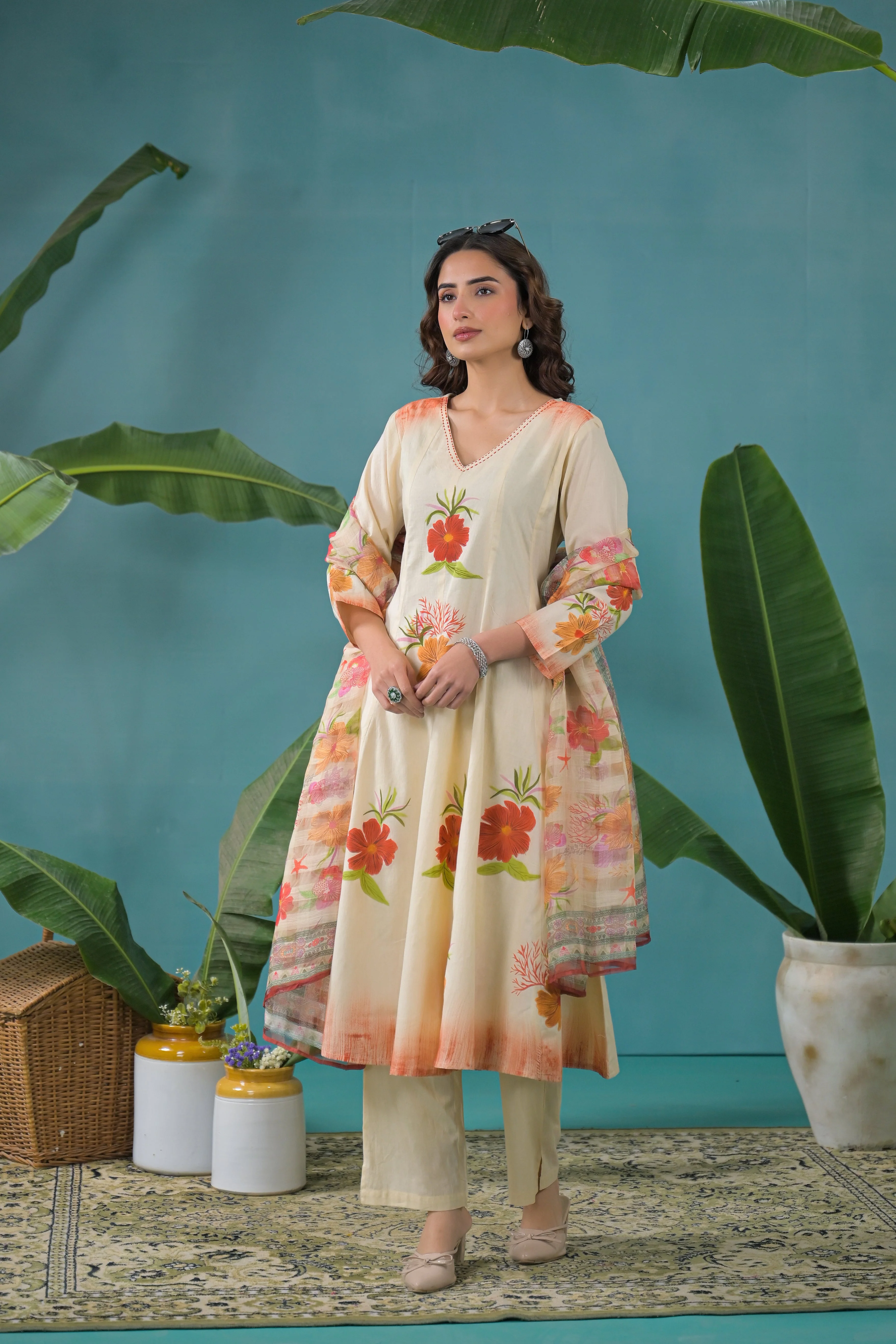 Warm Beige Printed Cotton Anarkali Kurta Set - Image 5