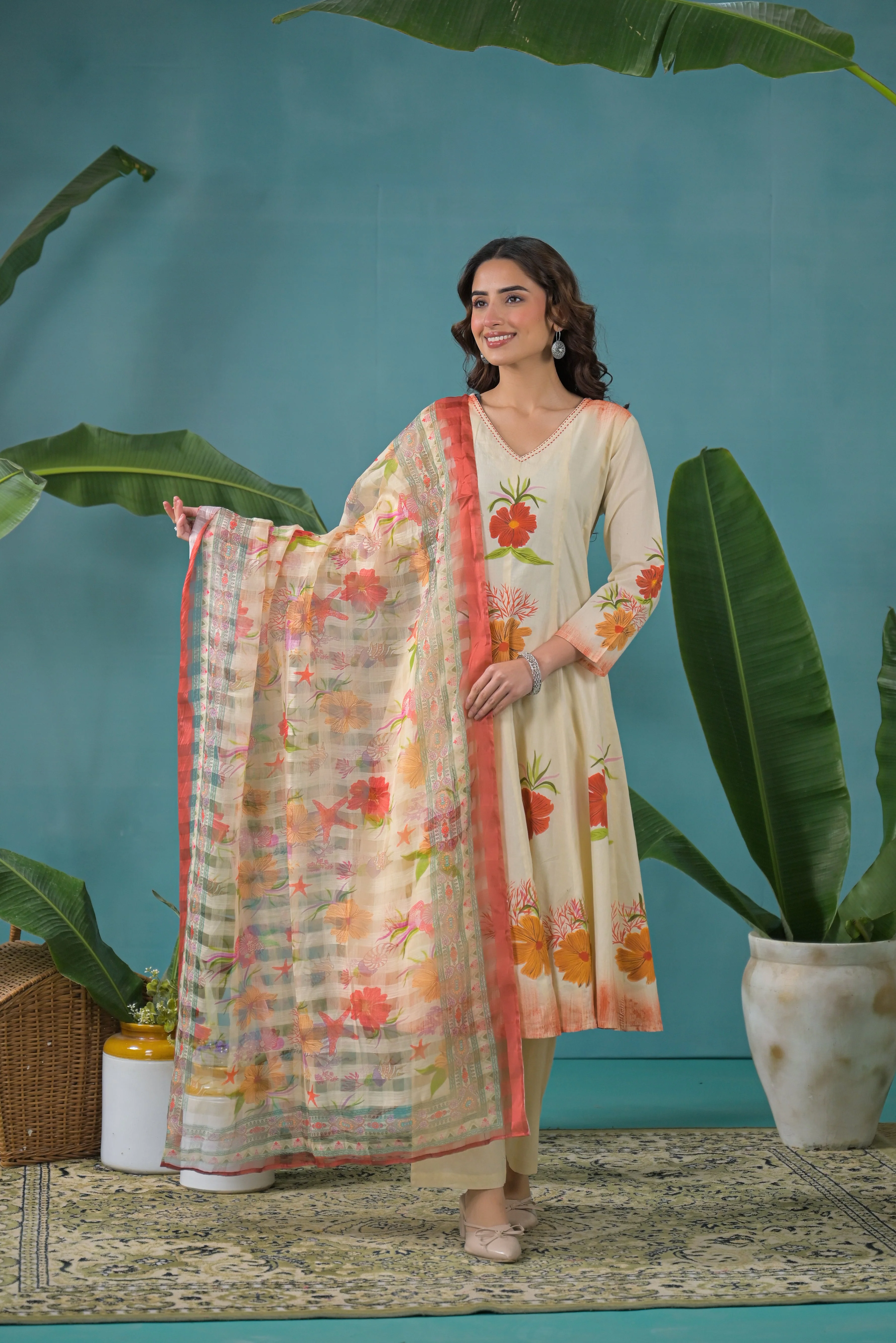 Warm Beige Printed Cotton Anarkali Kurta Set - Image 6