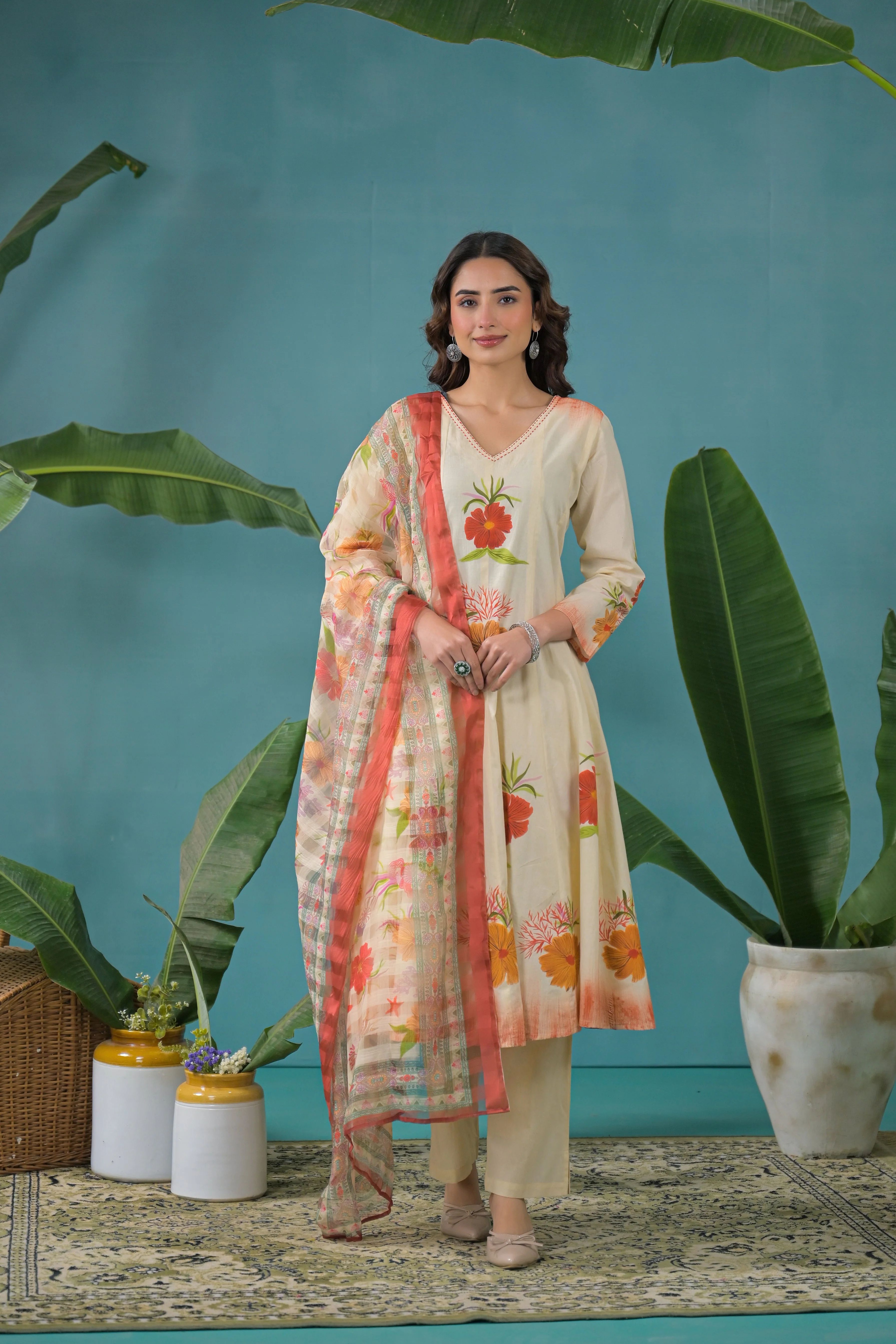 Warm Beige Printed Cotton Anarkali Kurta Set - Image 7