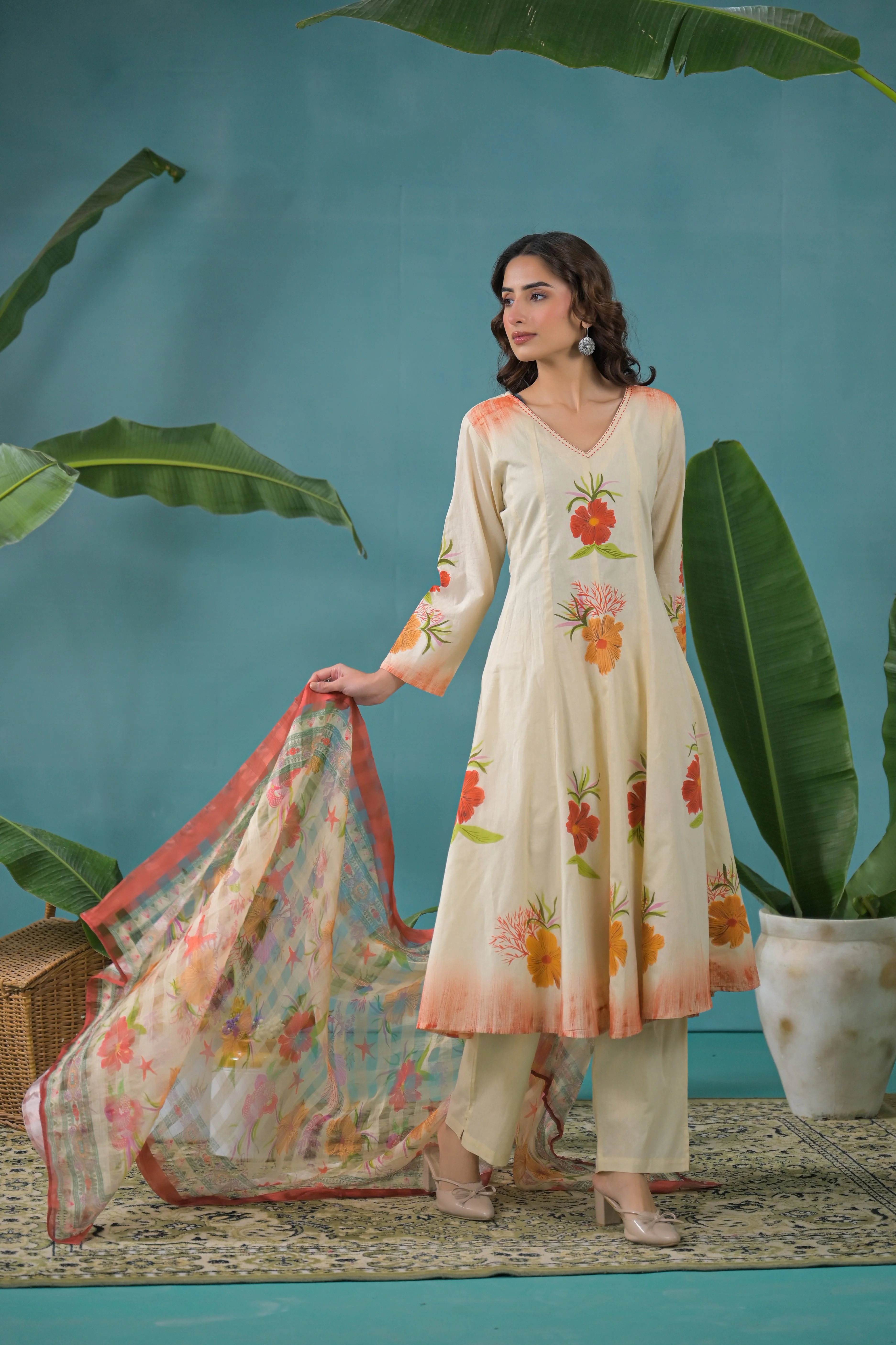 Warm Beige Printed Cotton Anarkali Kurta Set - Image 8