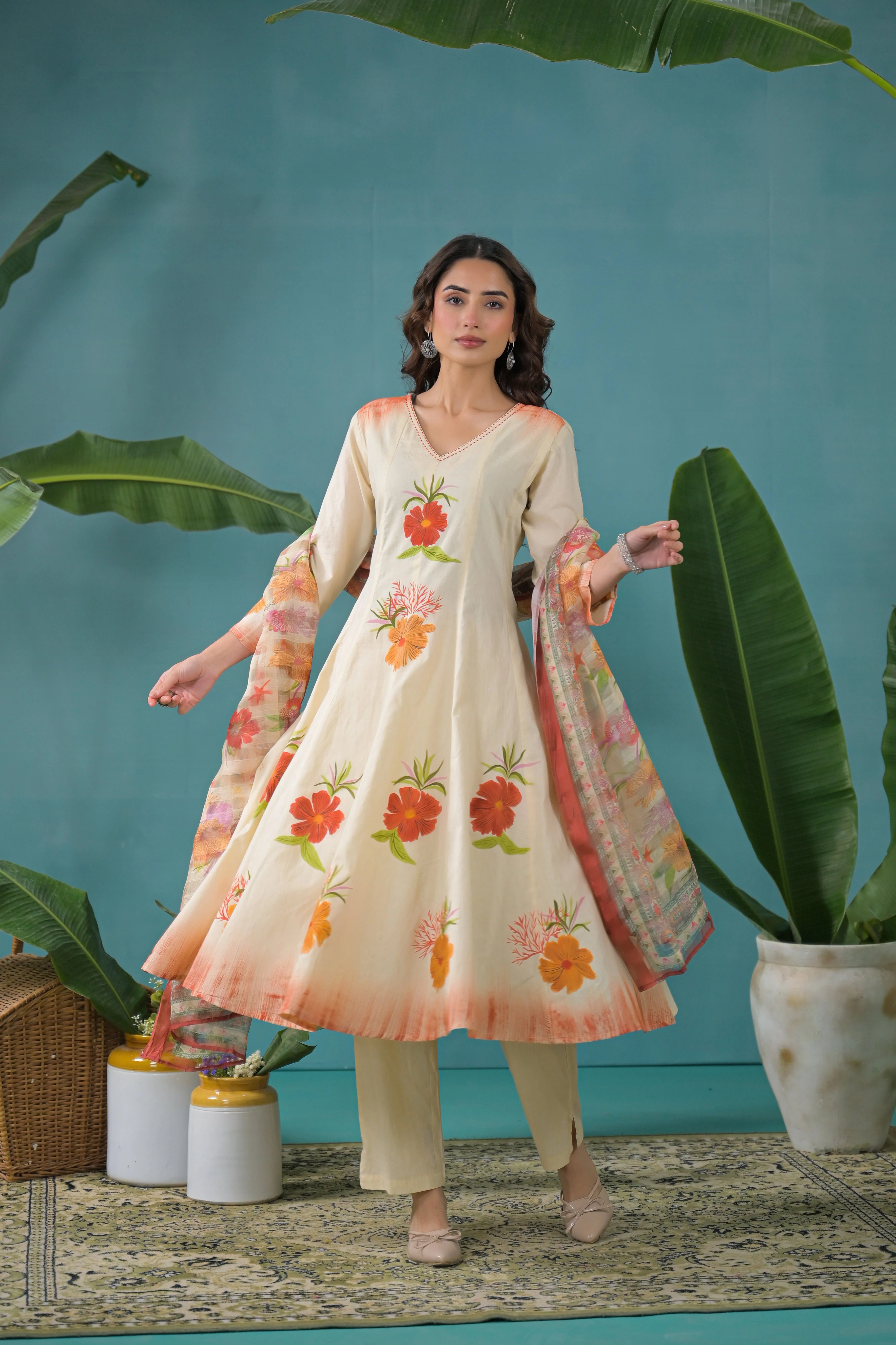 Warm Beige Printed Cotton Anarkali Kurta Set - Image 9