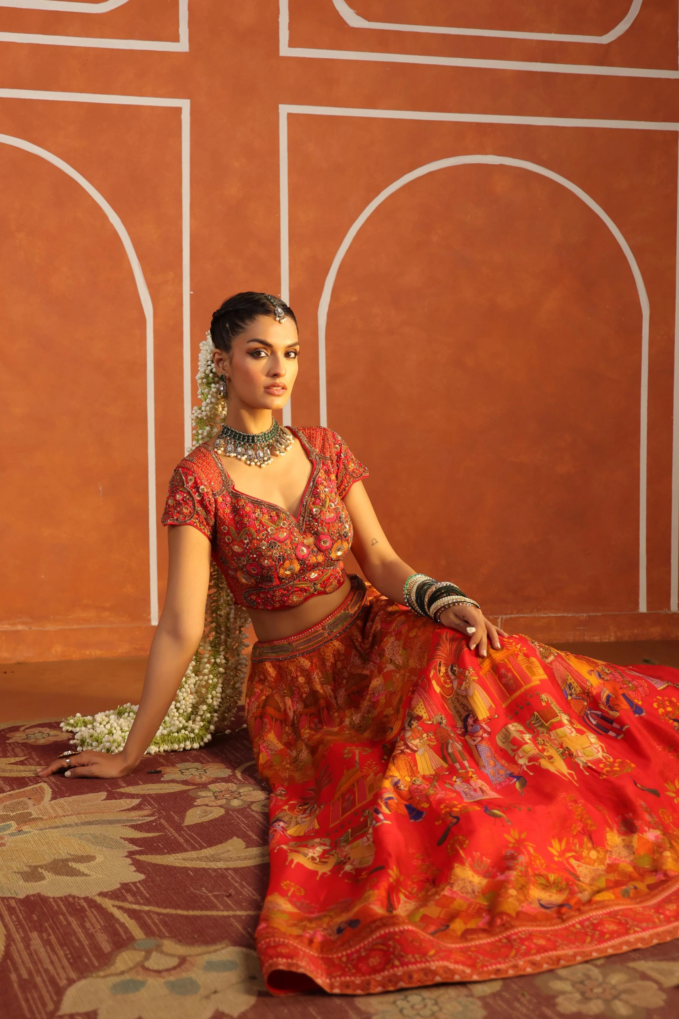 Warm Red Embroidered Silk Lehenga Set - Image 2