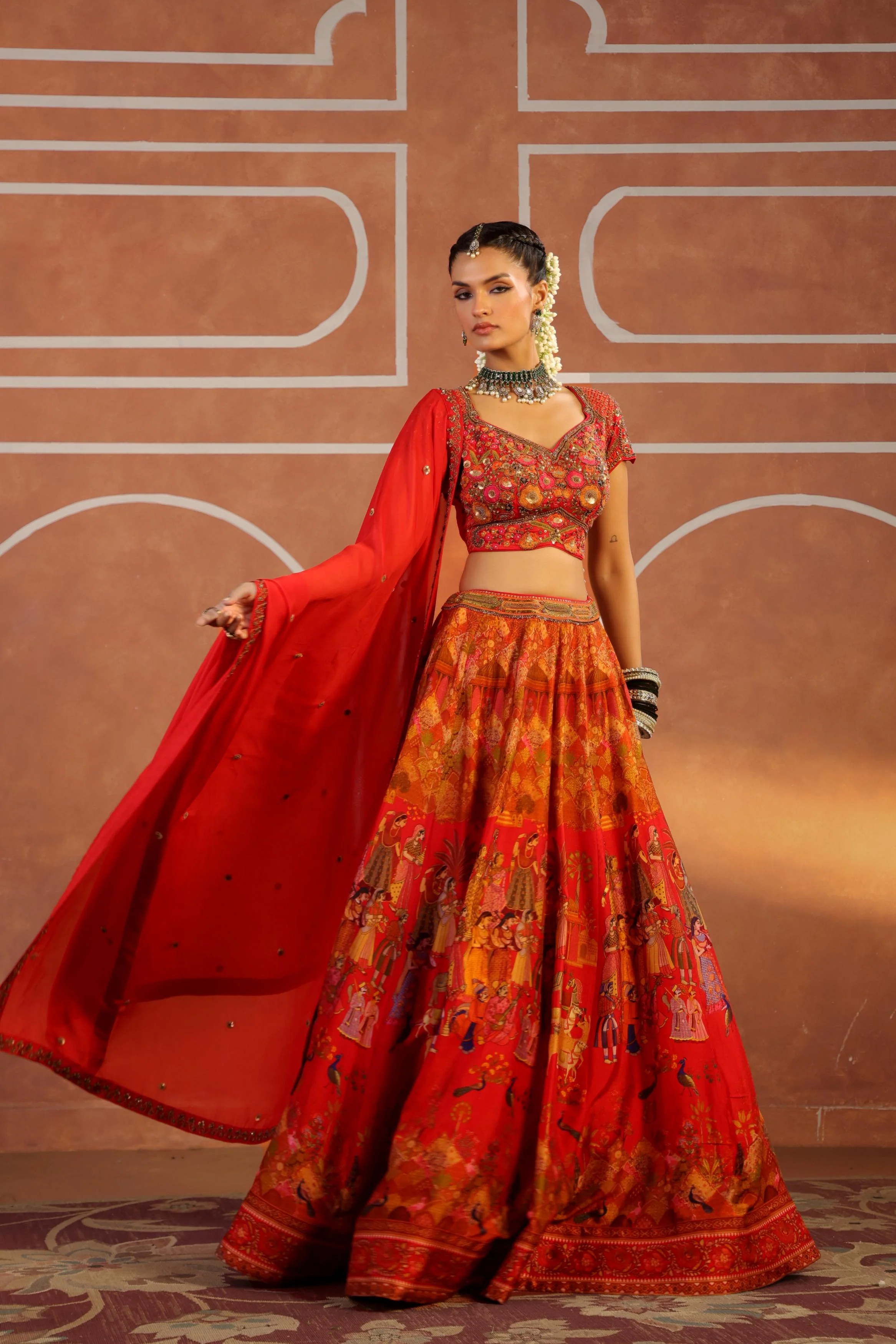 Warm Red Embroidered Silk Lehenga Set - Image 3