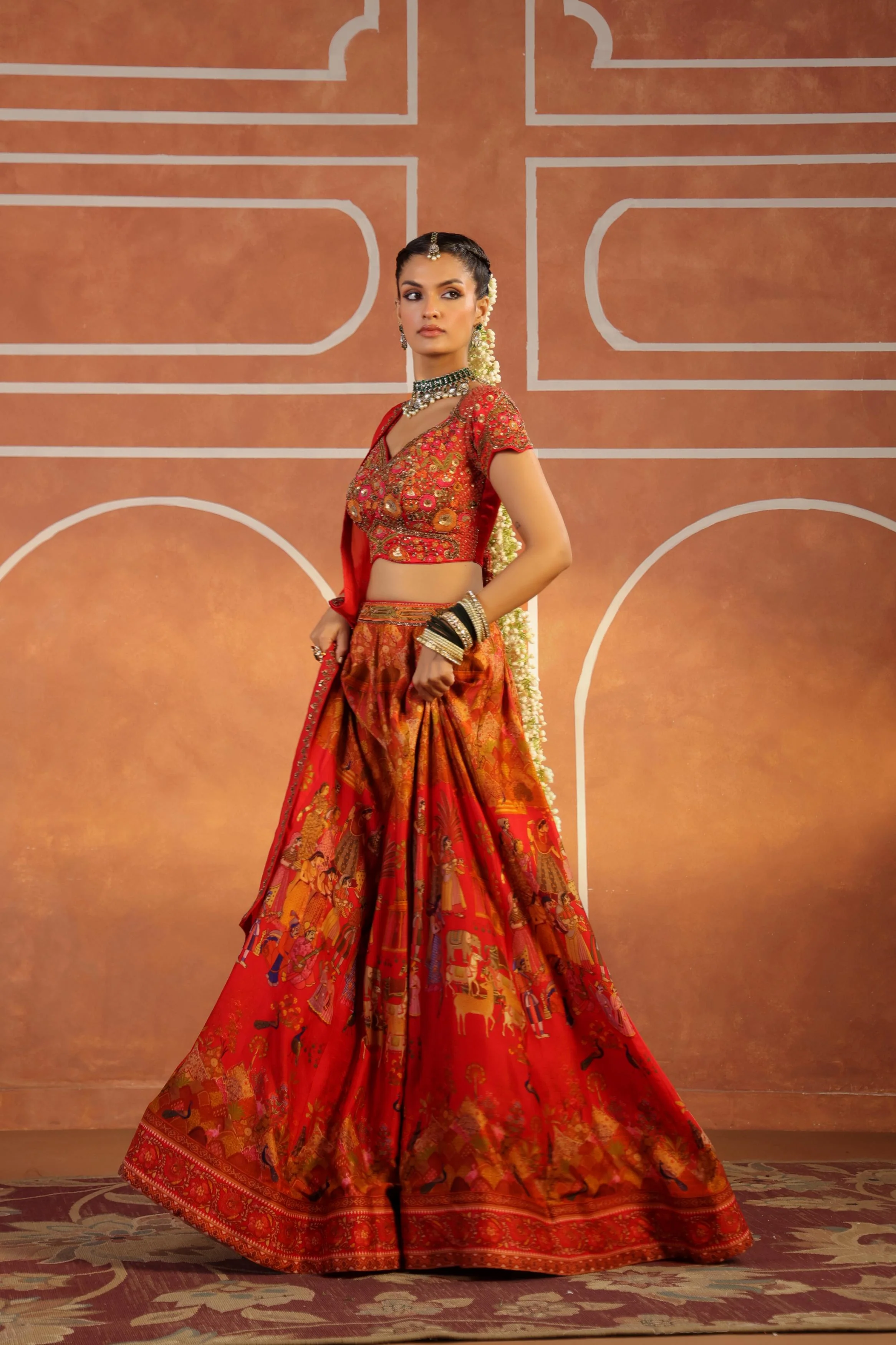 Warm Red Embroidered Silk Lehenga Set - Image 4