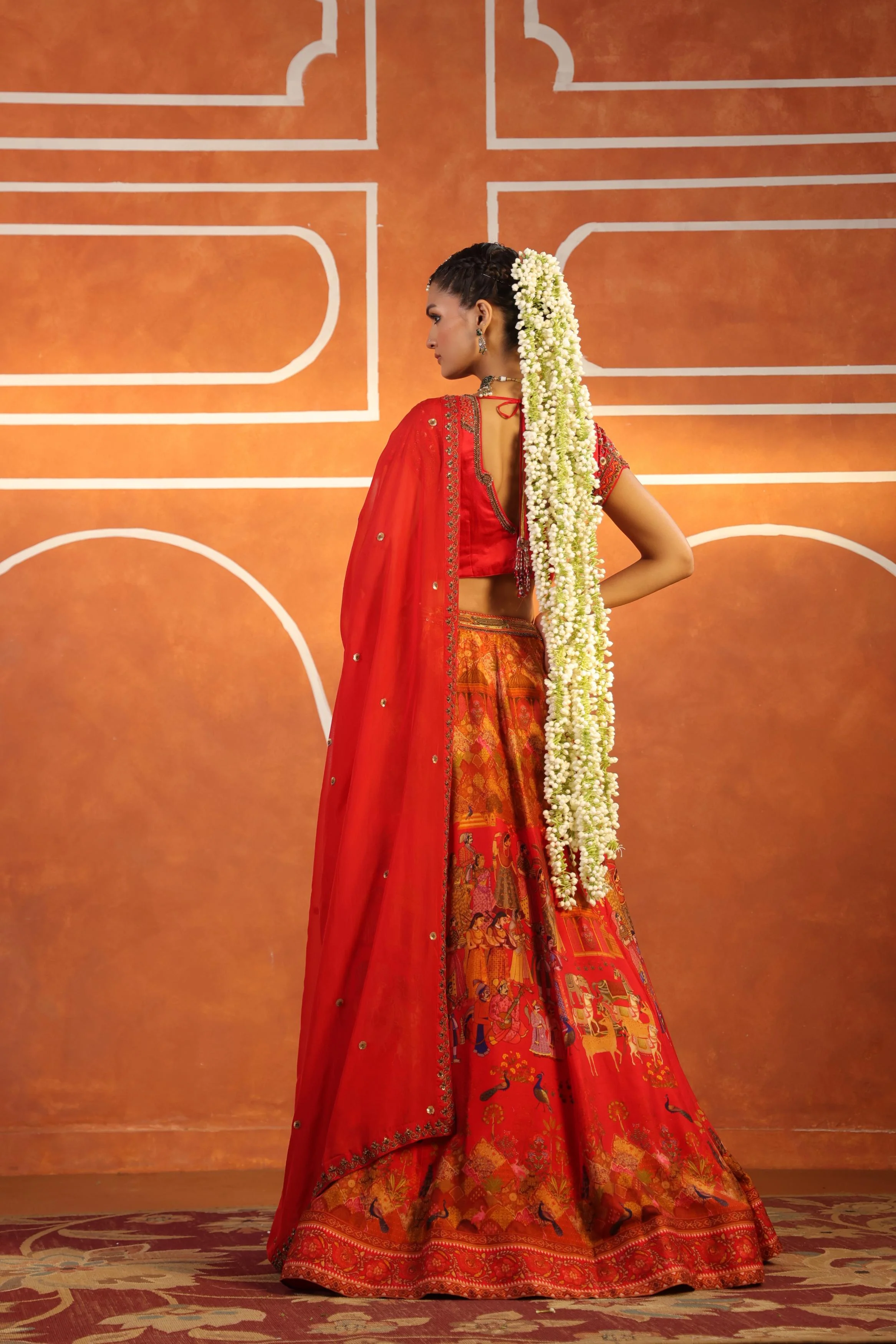 Warm Red Embroidered Silk Lehenga Set - Image 5